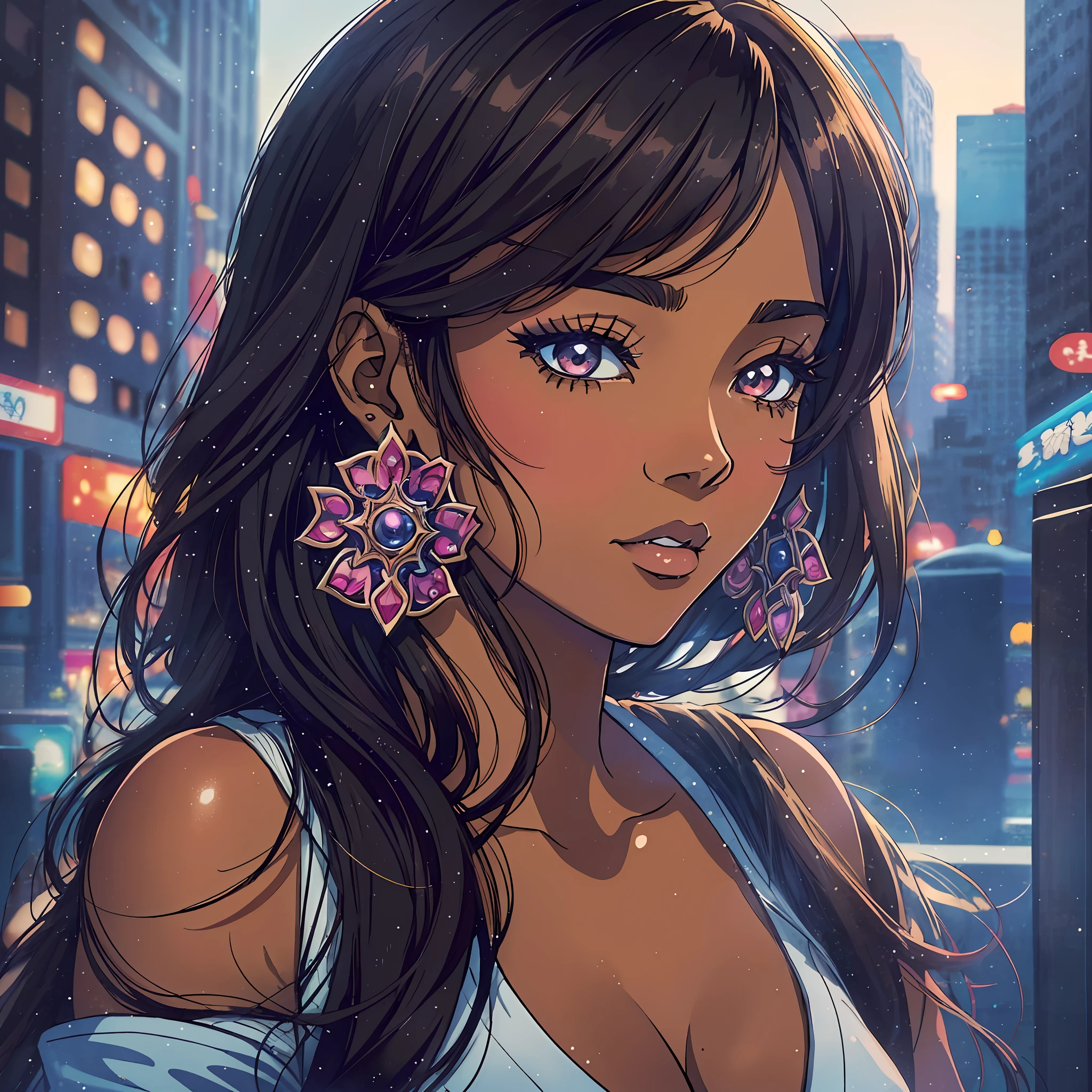 (a young woman:1.2)| (a girl:1.1), dark skin, portrait, makeup, super detailed, Manga/Anime style
, city, direct look, contoured.