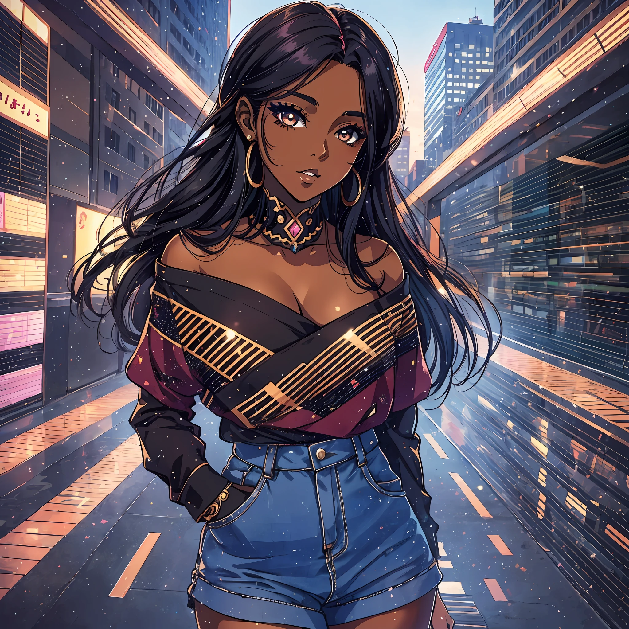 (a young woman:1.2)| (a girl:1.1), dark skin, portrait, makeup, super detailed, Manga/Anime style
, city, direct look, contoured.