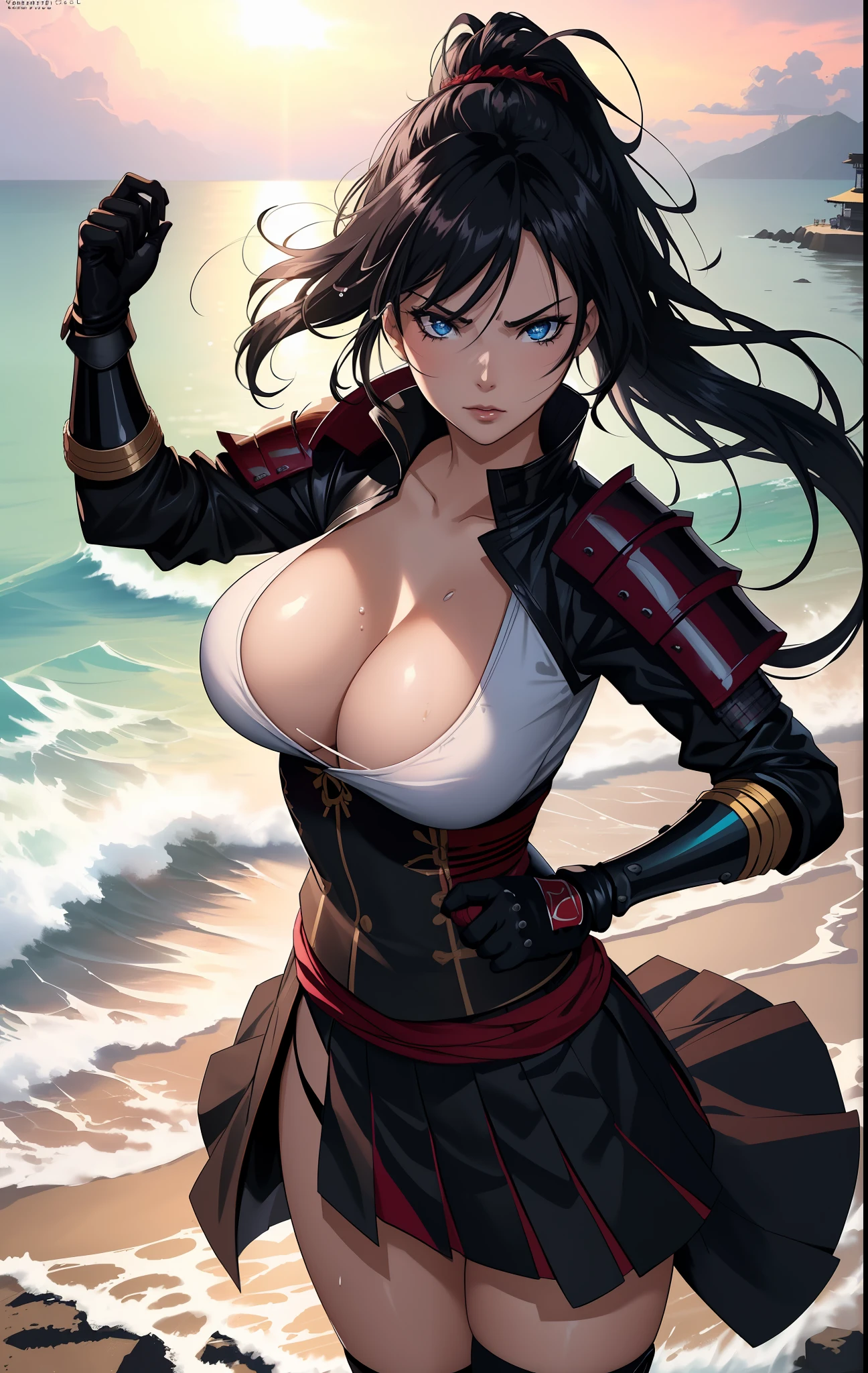 (((dramatic))), (((rough)),((Intense)),Anime character,1 girl,Solo,Black hair,Tied up long hairstyle, Wear gloves,Samurai armor,Wear skirt, Beautiful face, Beautiful eyes, Vibrant colors, Night, Top Quality Digital Art,Beach,Water Splash Art, Stunning Art, Wallpapers 4k,8k,64k, HD, Incomparable masterpiece, dynamic lighting, cinematic, epic, sexy, big, shiny big, spilling breasts,