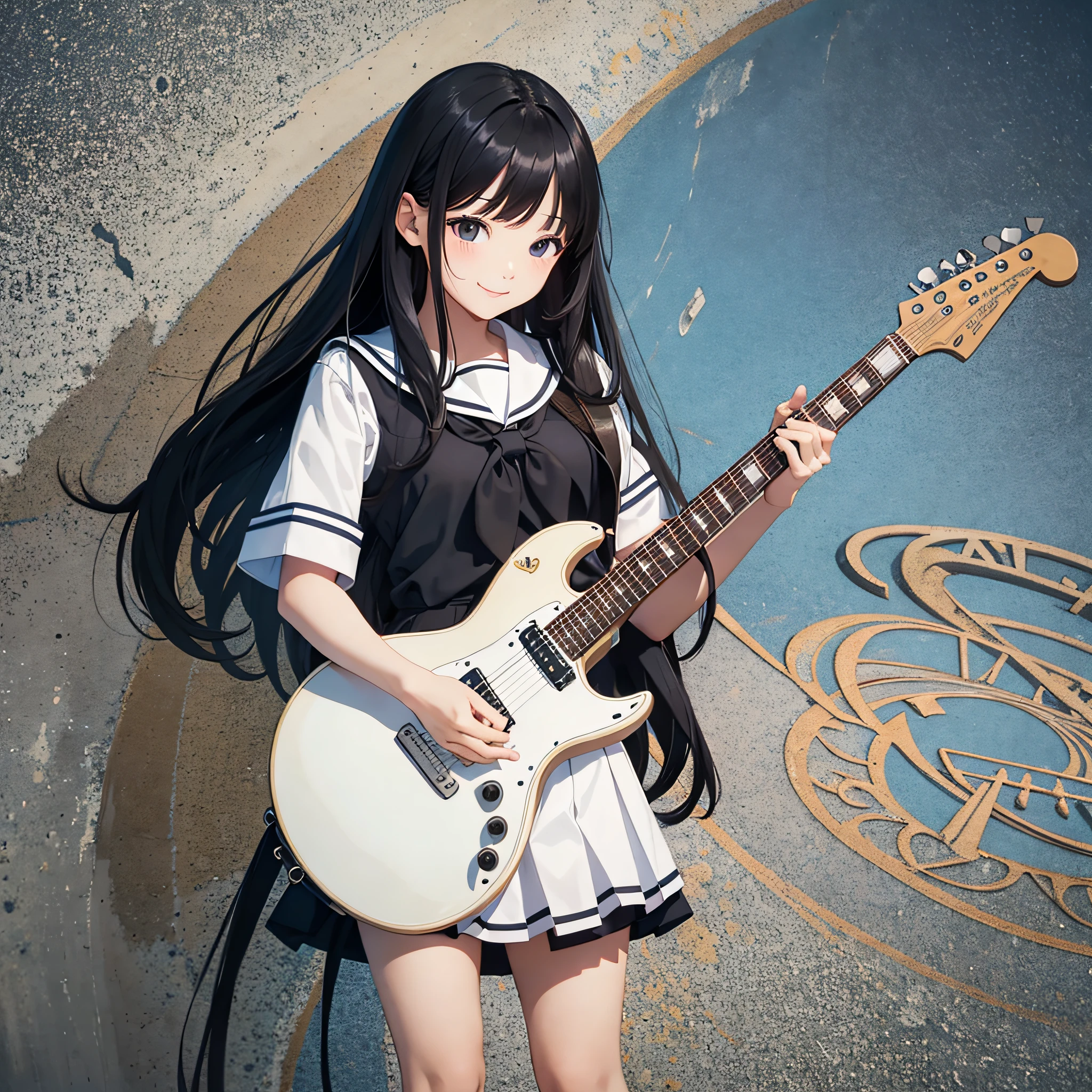 long black hair, bangs, full body, girl, sailor suit, guitar, left-handed, live venue, smile