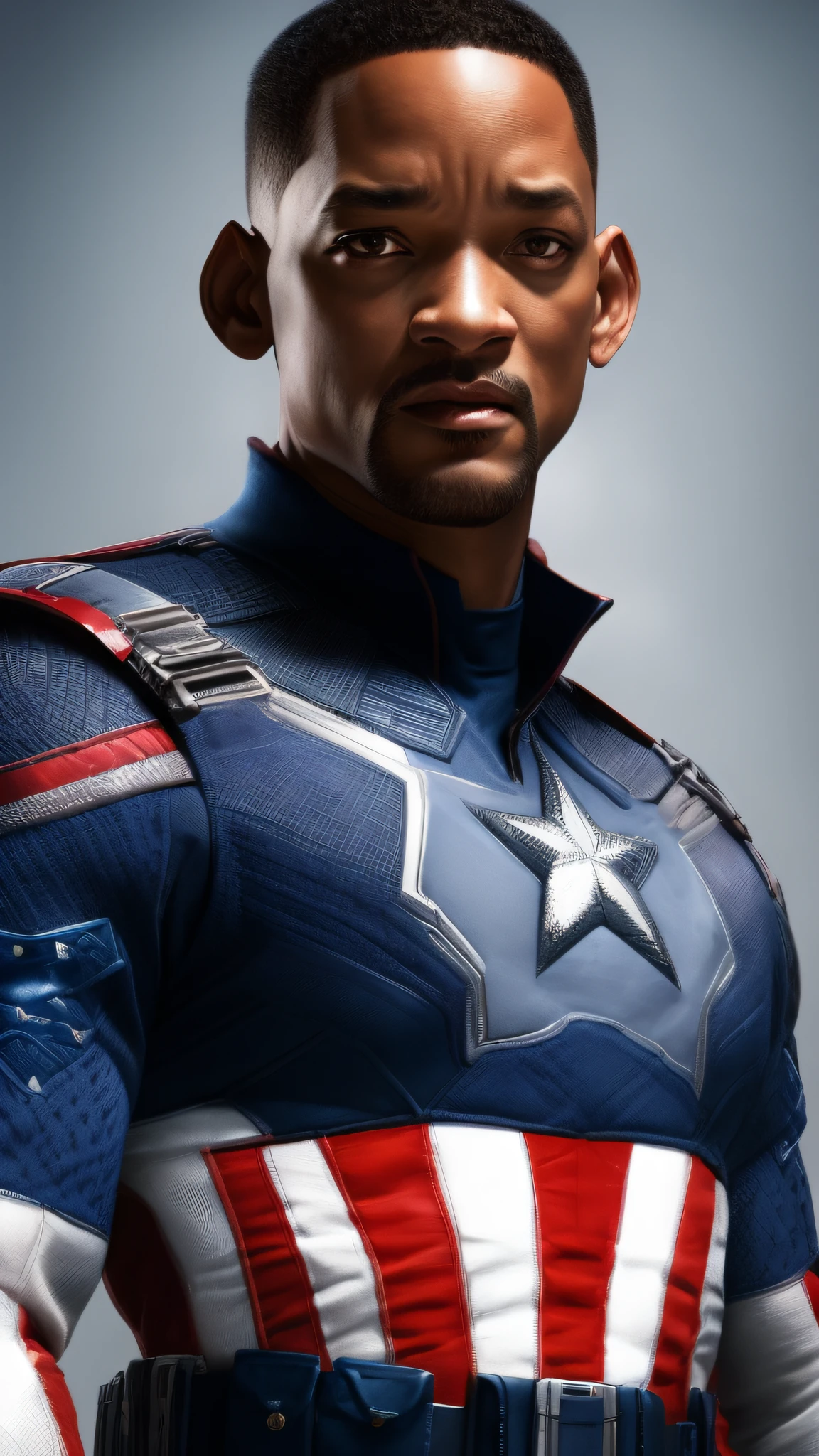 . .Tarantino style Will Smith as Captain America 8k, high definition, detailed face, detailed face, detailed eyes, detailed suit, in style of marvel and dc, hyper-realistic, + cinematic shot + dynamic composition, incredibly detailed, sharpen, details + superb details + evening with light + perfectionism + award winning realism ((moody lighting))