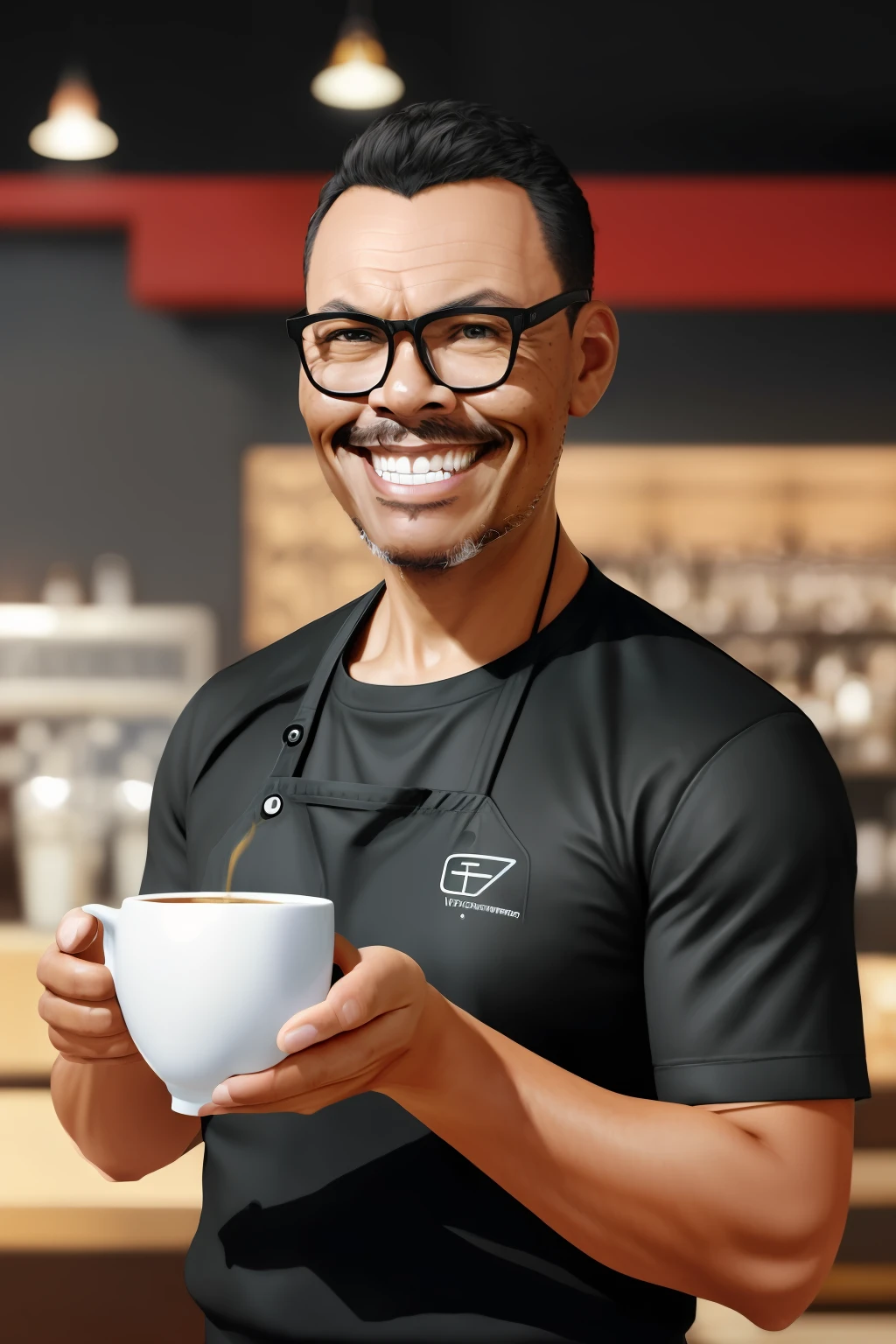 guttonerdvision4, barista (man) with discreet smile while serving a cup of coffee, cinematic, by Artgerm and rossdraw and wlop, realistic, 64k, trend in artstation, masterpiece, best quality