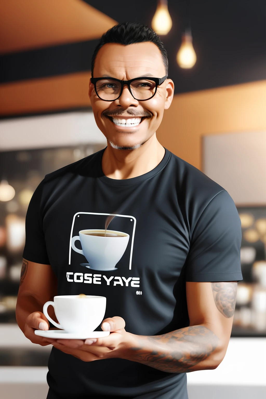 guttonerdvision4, barista (man) with discreet smile while serving a cup of coffee, cinematic, by Artgerm and rossdraw and wlop, realistic, 64k, trend in artstation, masterpiece, best quality