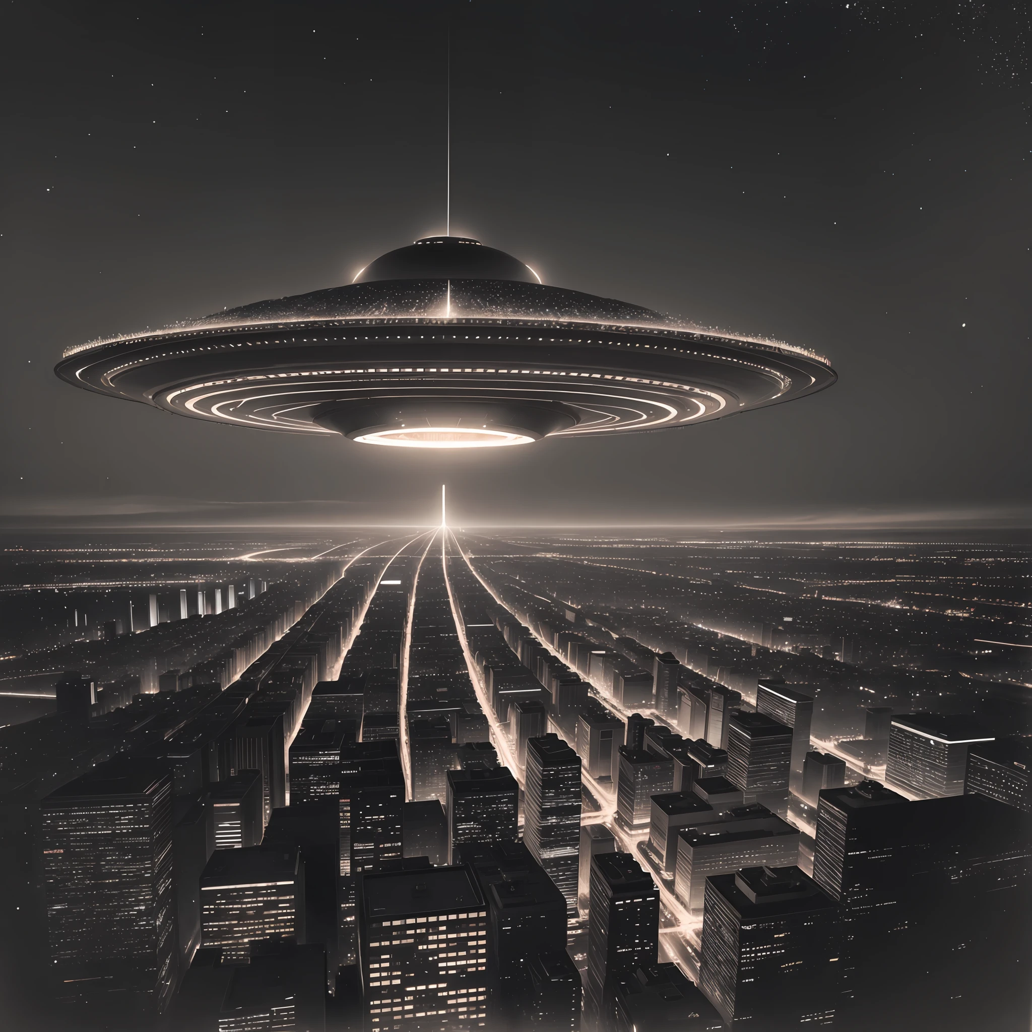 a city at night, heavy traffic, buildings, in the center of the image an immense flying saucer, emitting lights, people paralyzed with fear, old photography --auto --s2