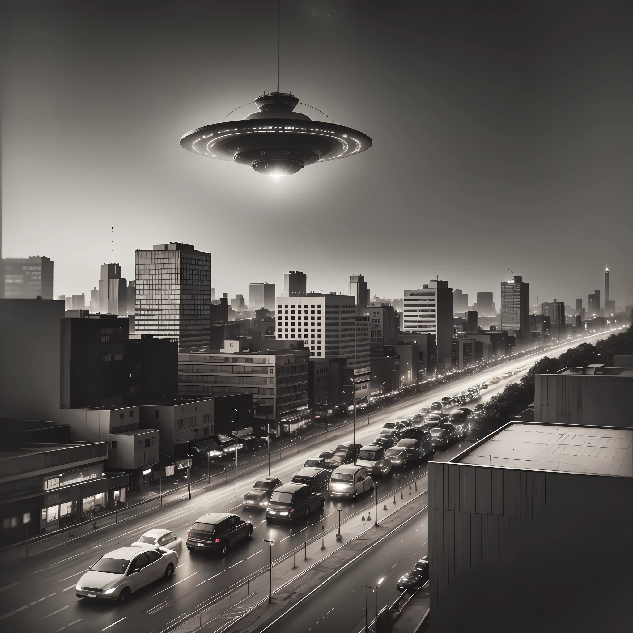 a city at night, heavy traffic, buildings, in the center of the image an immense flying saucer, emitting lights, people paralyzed with fear, old photography --auto --s2