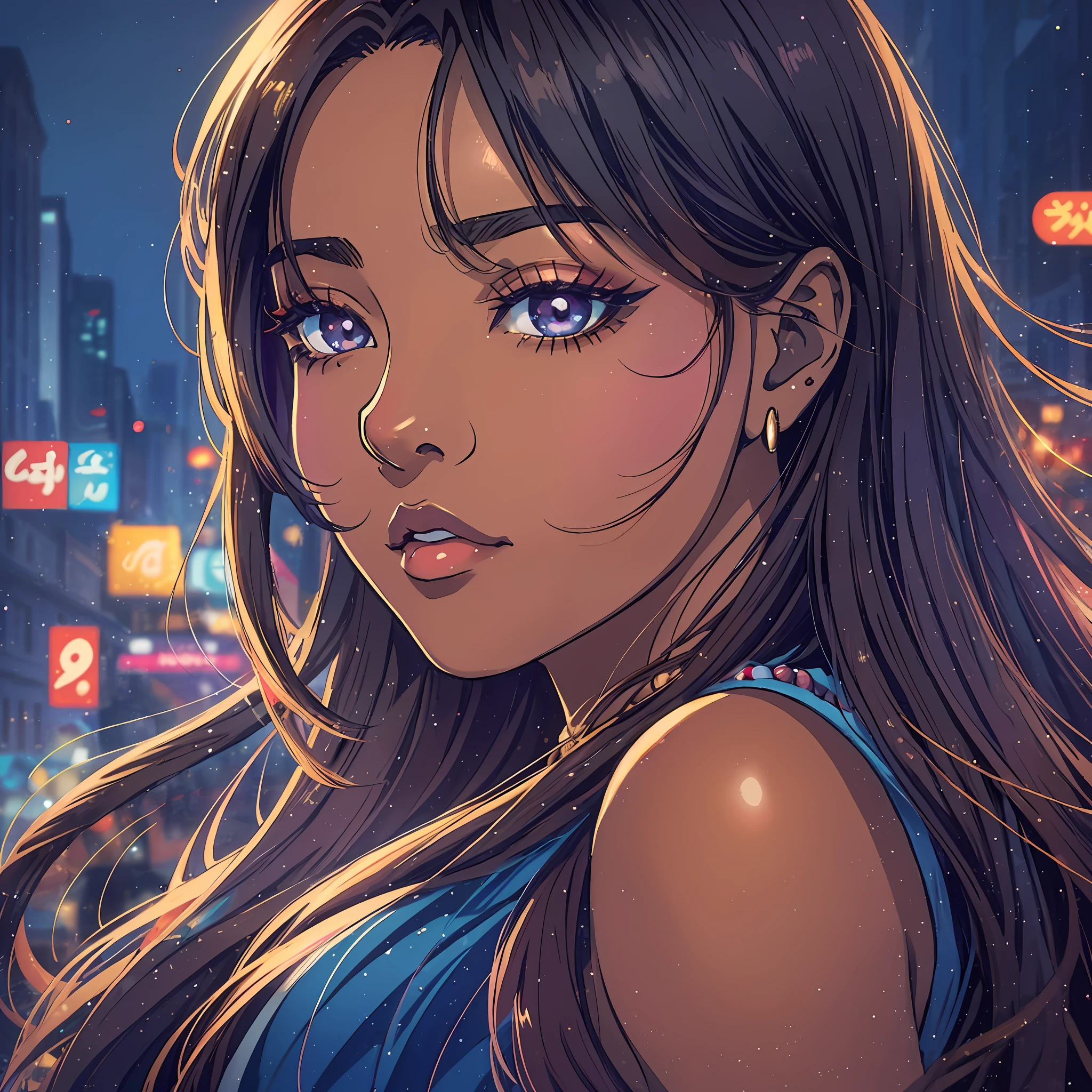 (a young woman:1.2)| (a girl:1.1), dark skin, portrait, makeup, super detailed, Manga/Anime style
, city, direct look, contoured.