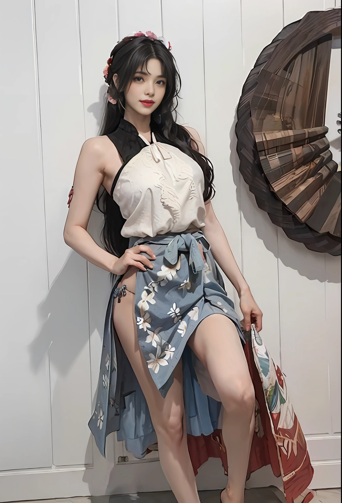 masterpiece, (photorealistic:1.5), best quality, beautiful lighting, real life, nico robin, 1girl, black hair, blue eyes, breasts, eyewear on head, from side, hair slicked back, hands on own hips, large breasts, long hair, long skirt, looking back, narrow waist, sarong, smile, solo, standing, sunglasses, sea, floral pattern on sarong,