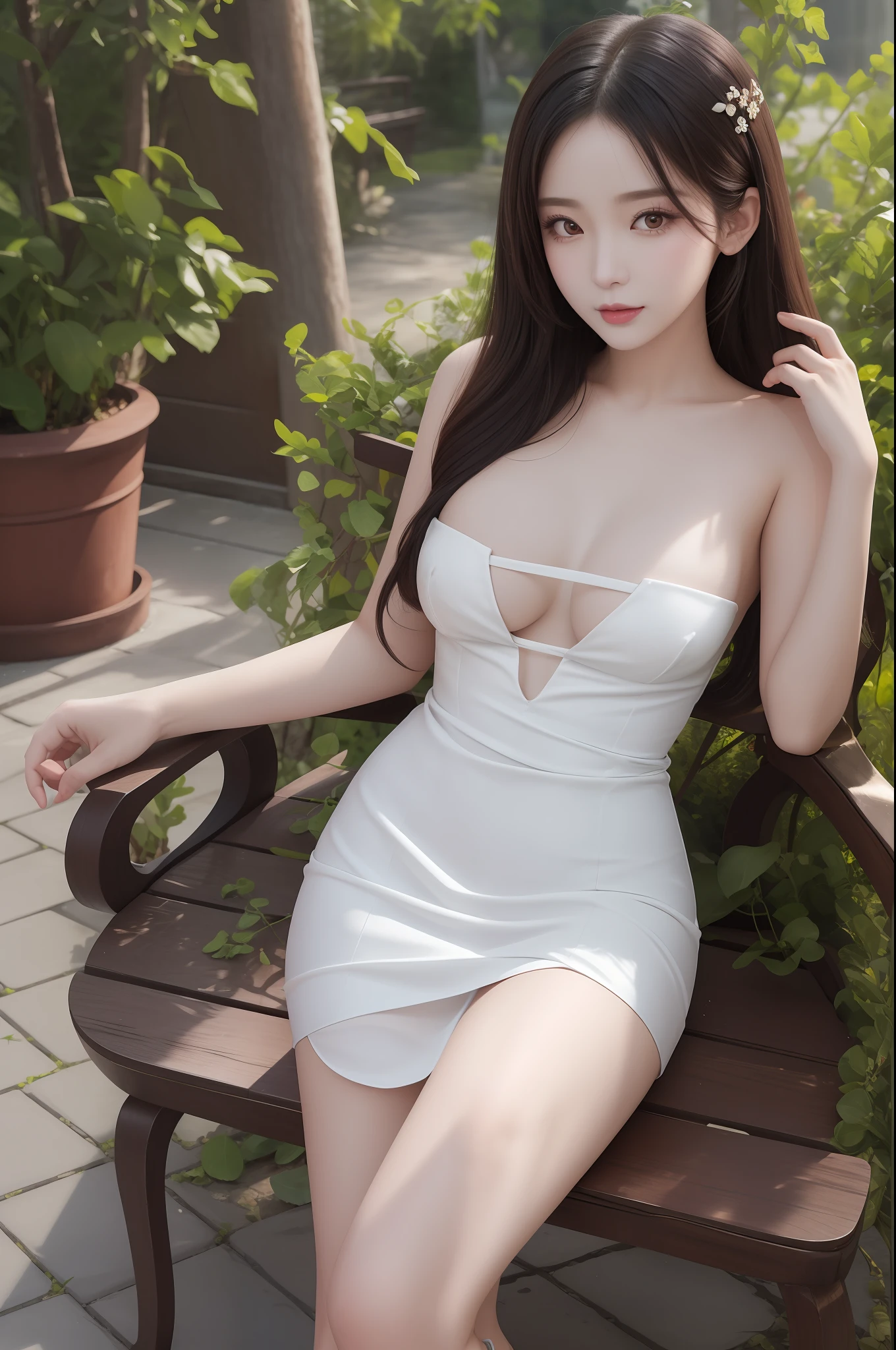 Fashion trendy beautiful, gentle and charming Taiwanese lady, (jpop idol), (big breasts), (areolas slip), delicate and sexy collarbone, oval face, sitting on the wood bench, double eyelids, smart peach blossom eyes, pink lips, small nose, bare shoulders, focus on the face, close-up of the face, Ultra-high-definition, super-detailed, full-body photo, ultra-thin and light-transmitting, Platinum yellow((strapless))dress, sleeveless, fresh and good, and can(seen through:1.05), (full body:1.25), (NSFW:1.1)