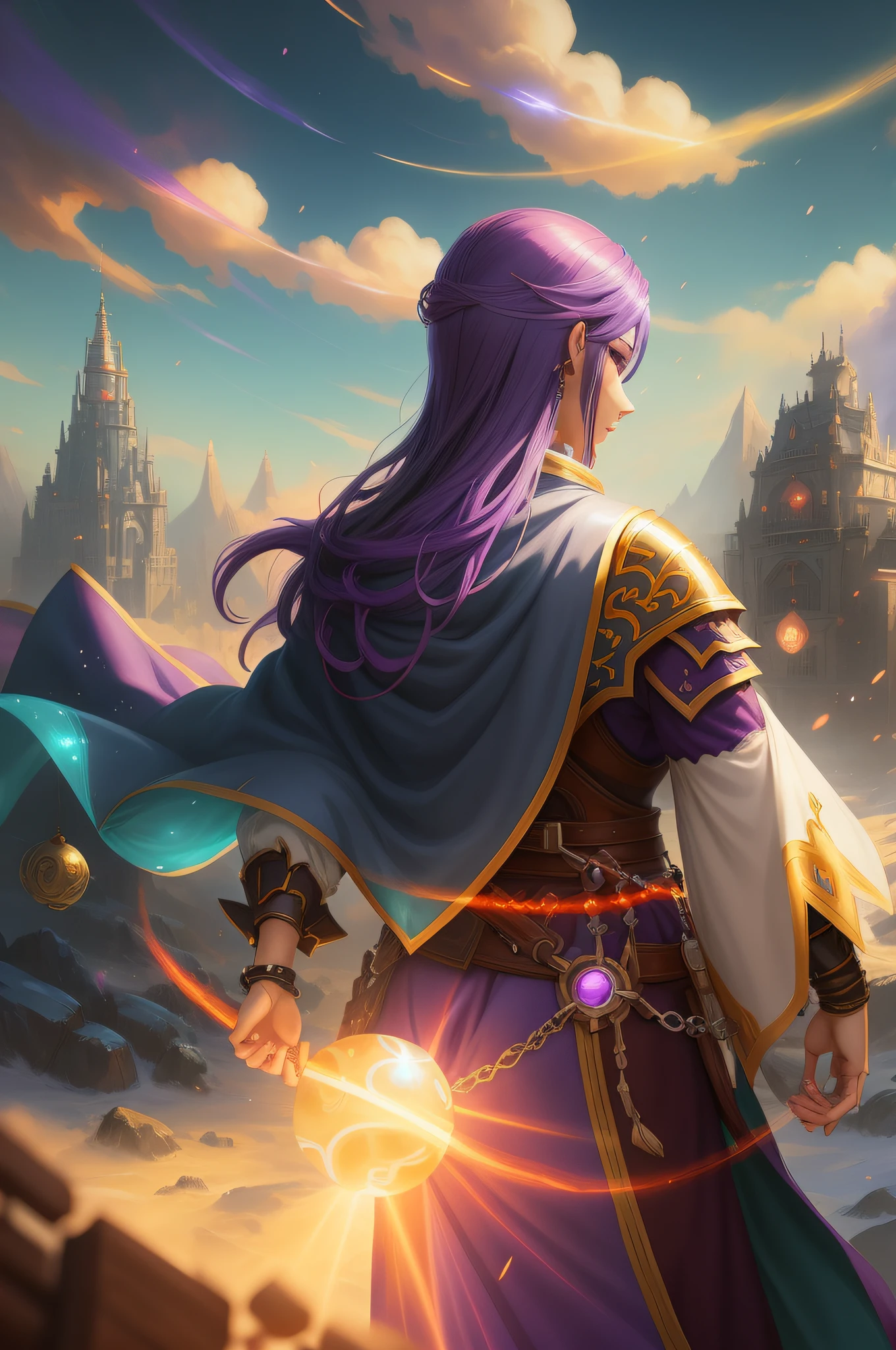 anime - style illustration of a woman with purple hair and a purple cape holding a glowing orb, fantasy rpg book illustration, cushart krenz key art feminine, fantasy card game art, epic fantasty card game art, 2. 5 d cgi anime fantasy artwork, hearthstone card game artwork, full art illustration, coriolios rpg art style, epic fantasy style art