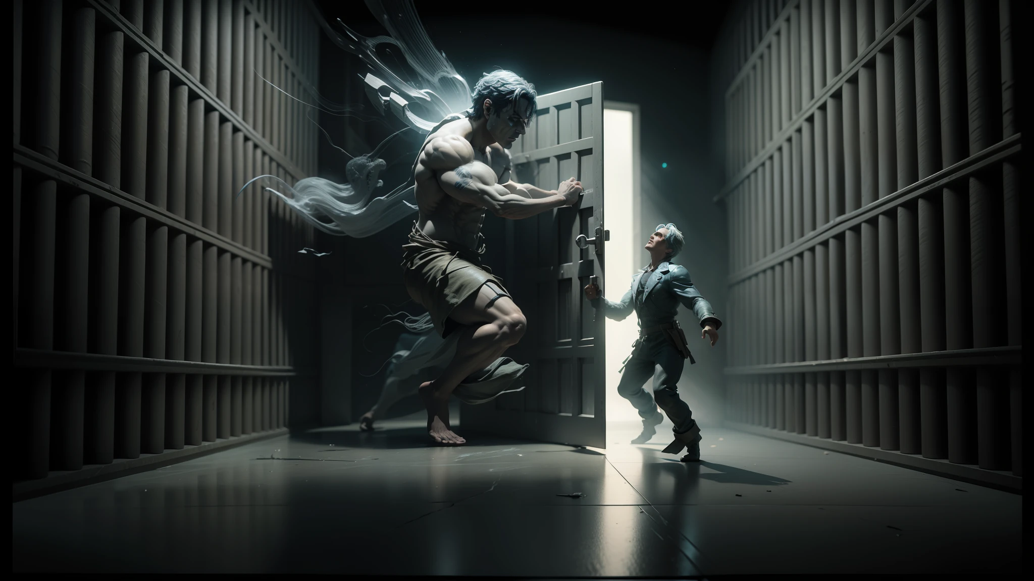 there is a man and an alien fighting in a prison cell, highly detailed surreal vfx, cgsociety 9, still from a music video, houdini redshift, houdini and photoshop, houdini vfx, cgi clay sculpting, anamorphic illustration, epic 3d illustrations, morph complex 3d render, 3d houdini, 3d houdini --auto --s2