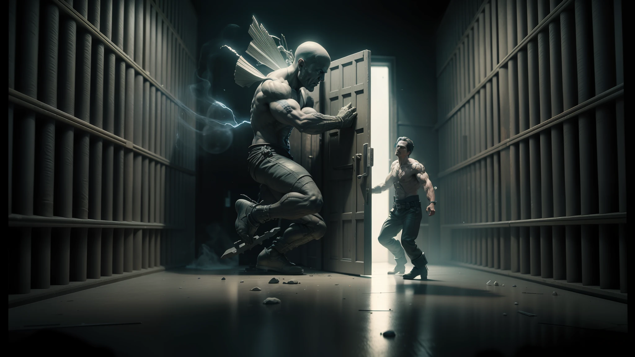 there is a man and an alien fighting in a prison cell, highly detailed surreal vfx, cgsociety 9, still from a music video, houdini redshift, houdini and photoshop, houdini vfx, cgi clay sculpting, anamorphic illustration, epic 3d illustrations, morph complex 3d render, 3d houdini, 3d houdini --auto --s2