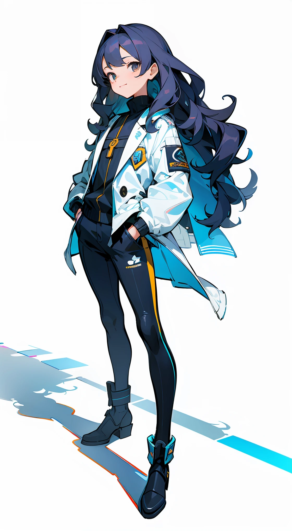 1girl, full body, white background, youth, Bright eyes, Soft silhouette, Small lips, Long wavy hair with slightly deeper, smile,, Self-confidence and affinity, Domineering, wavy long hair, Natural volumes, -stand, hands in pockets, The body is slightly inclined, Assertiveness, -A black, white and gray suit with a modern touch, Oblique viewing angle, Chest above view, Highlight the character's face and costume, It occupies about 2/3 of the entire picture, Cool colors, The streets of the modern city, Soft afternoon sun, warmth, Afternoon, Through the shadows of the building, Modern, simple, stylish, The lines are clean and smooth, Color calm, jiezuo, highest quality, Computer drawing techniques, Focus on the character's face and outfit, with a white background, fully body, Character Design, tachi-e, tachi-e, Masterpiece