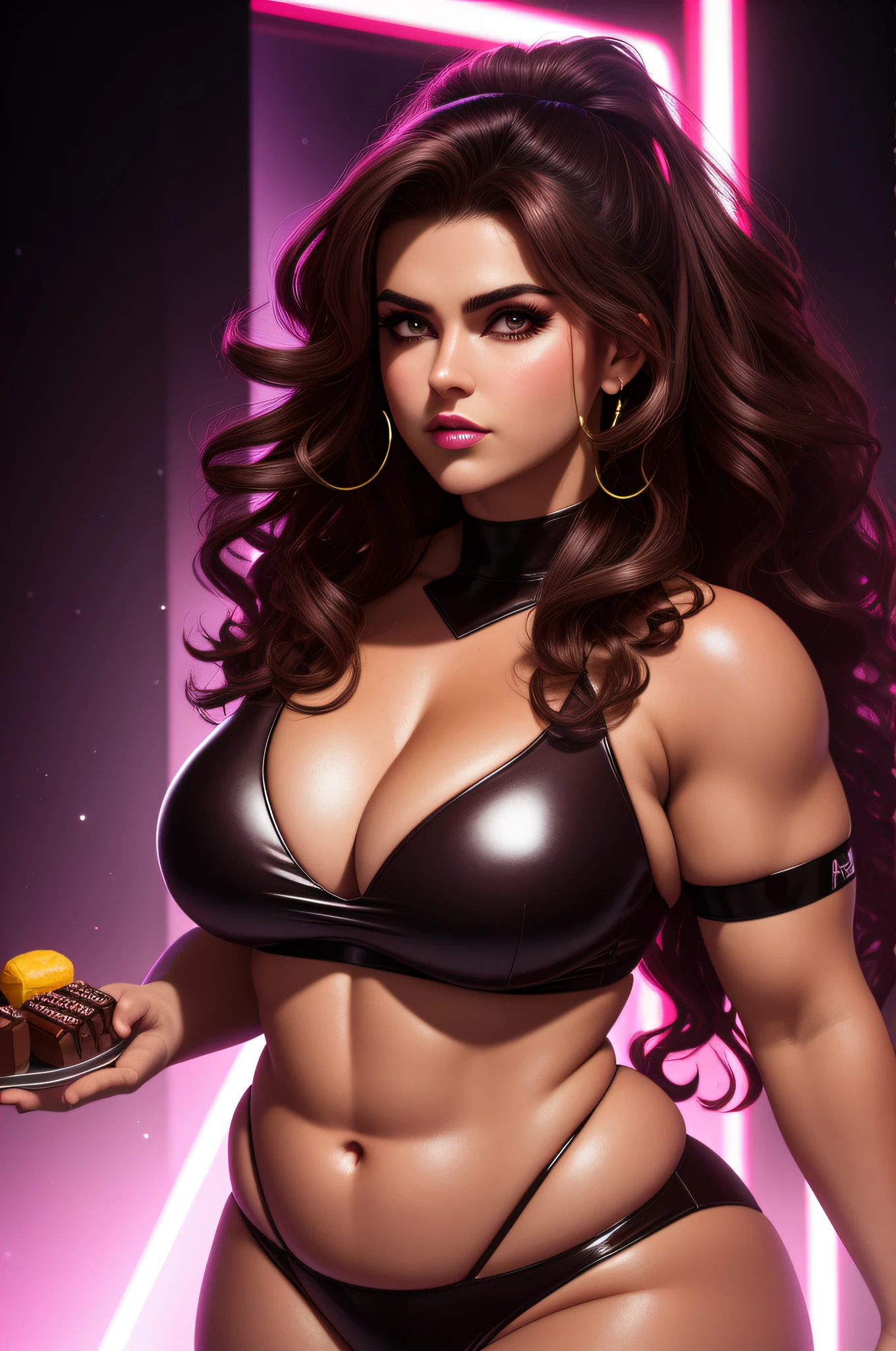 a  photo of a beefy [goddess|vixen]  , neon aesthetic lighting ,  perfect face, pretty face, dark brown eyes, chocolate hair, big hair, flat chest, lush detail, absurdres,