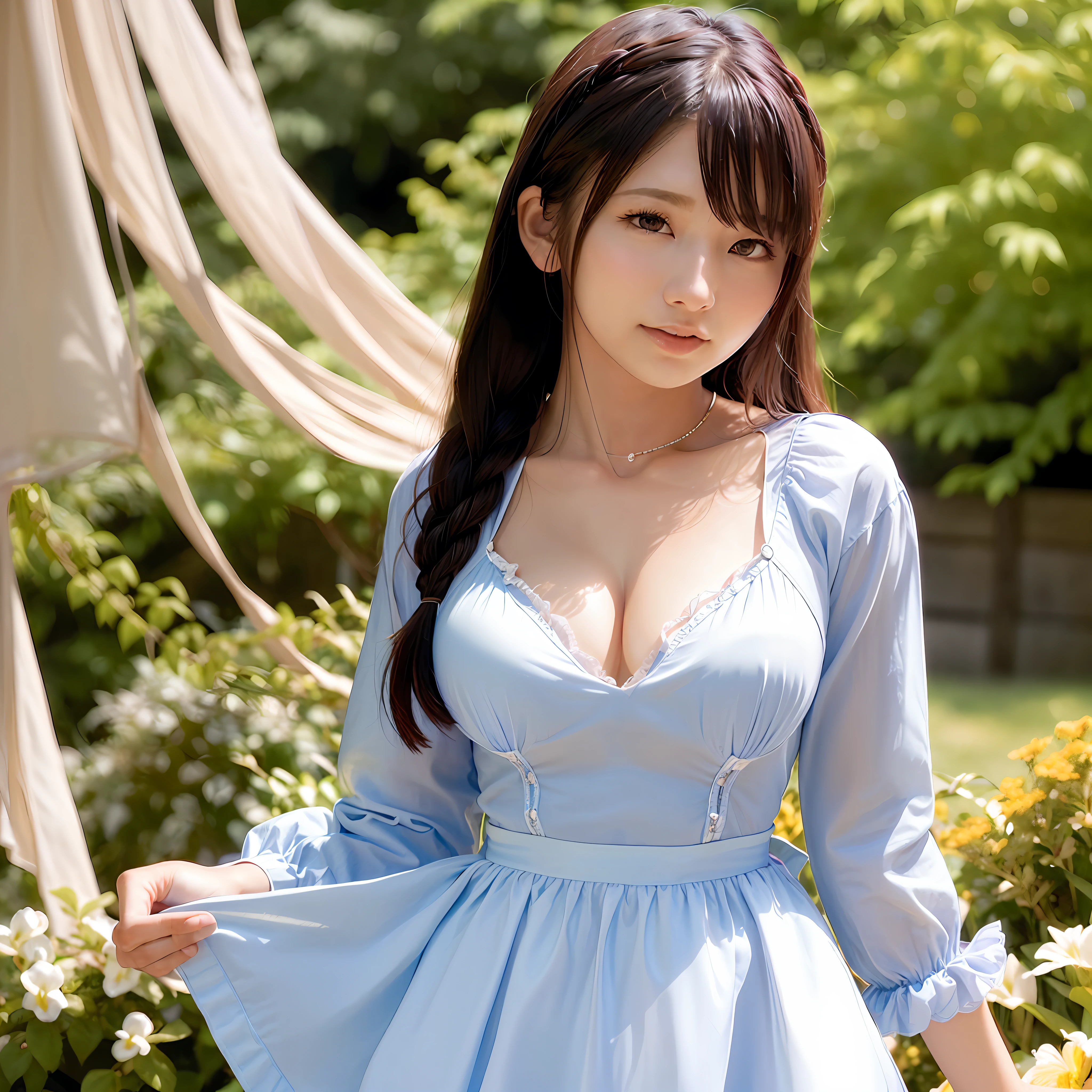 8K, Best Quality, 1girl, (skindentation), Huge breasts, Morning, (Bright), Blurred background, Outdoors, (Street:0.6), (People), Crowd, Braided bangs, Blouse, Gorgeous, (Fashionable clothing:1.2), (Exposure: 0.5),Soft lighting, Attractive, Wind, Garden, Sunlight, White light, (closed mouth:1.2, Beautiful eyes, Detailed eyes, Detailed iris, Beautiful lips, beautiful nose, beautiful face),