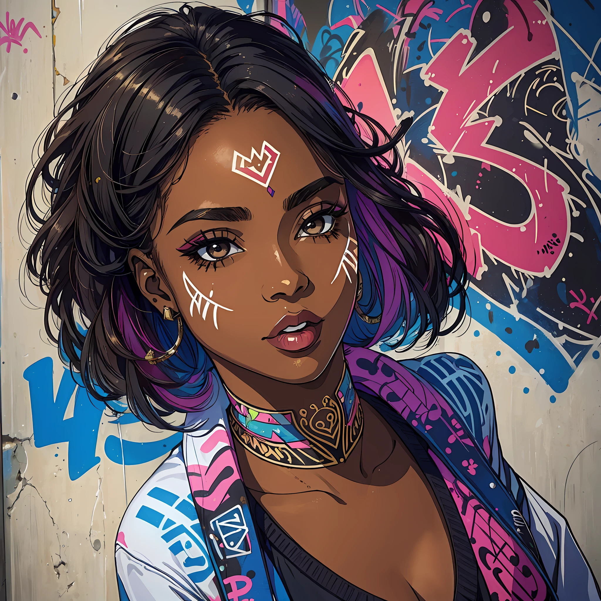 (a young woman:1.2)| (a girl:1.1), dark skin, portrait, makeup, super detailed, urban art/graffiti style, city, direct look, contoured.