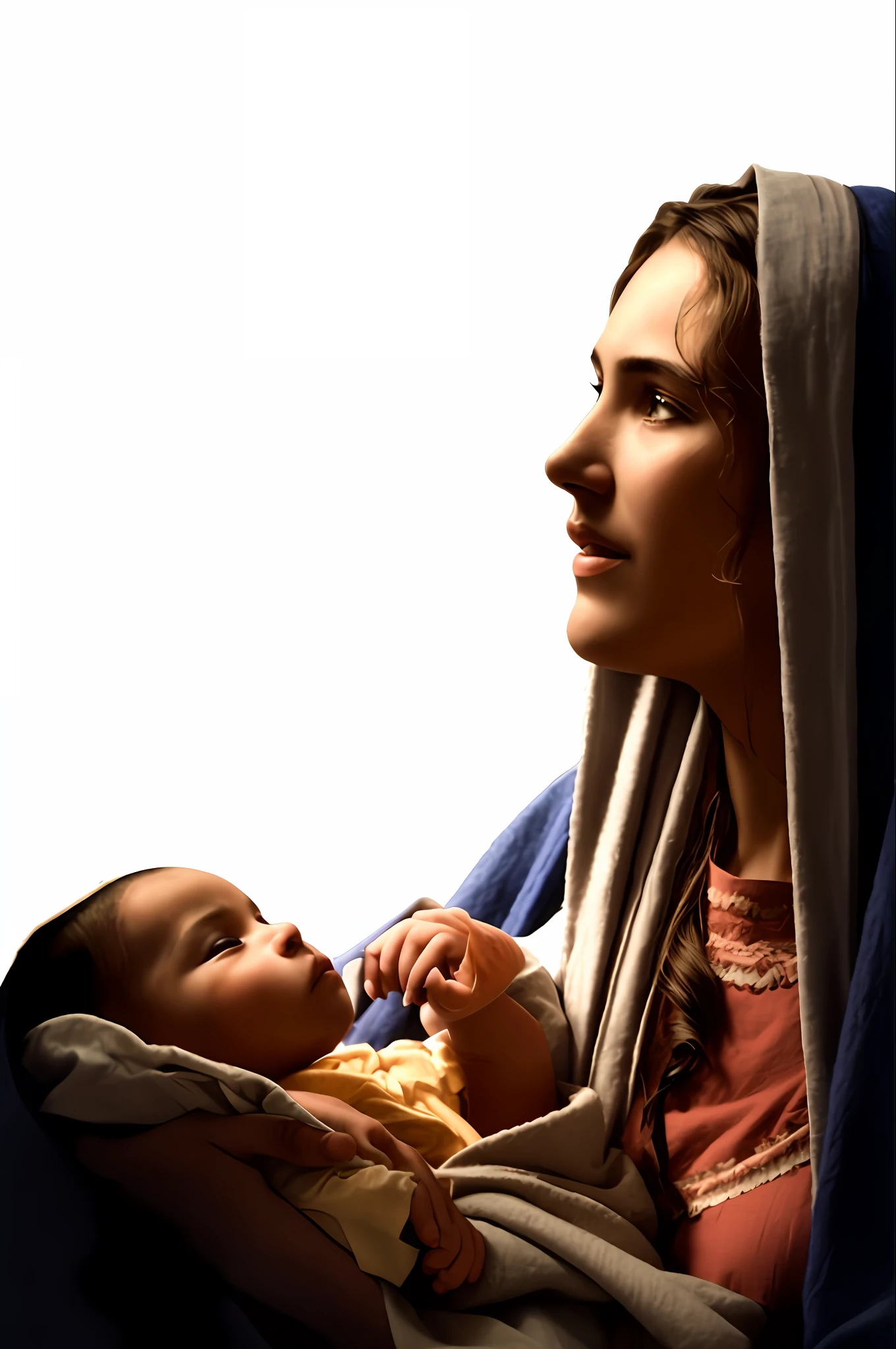 woman holding a  in a sling with a blue blanket, with infant jesus, jayson tatum as mother mary, virgin mary, mary in a sanctuary, portrait of virgin mary, woman, by László Balogh, biblical image, by Juan O'Gorman, mother, by Roman Bezpalkiv, jesus, wonderful scene, beautiful women, portrait shot