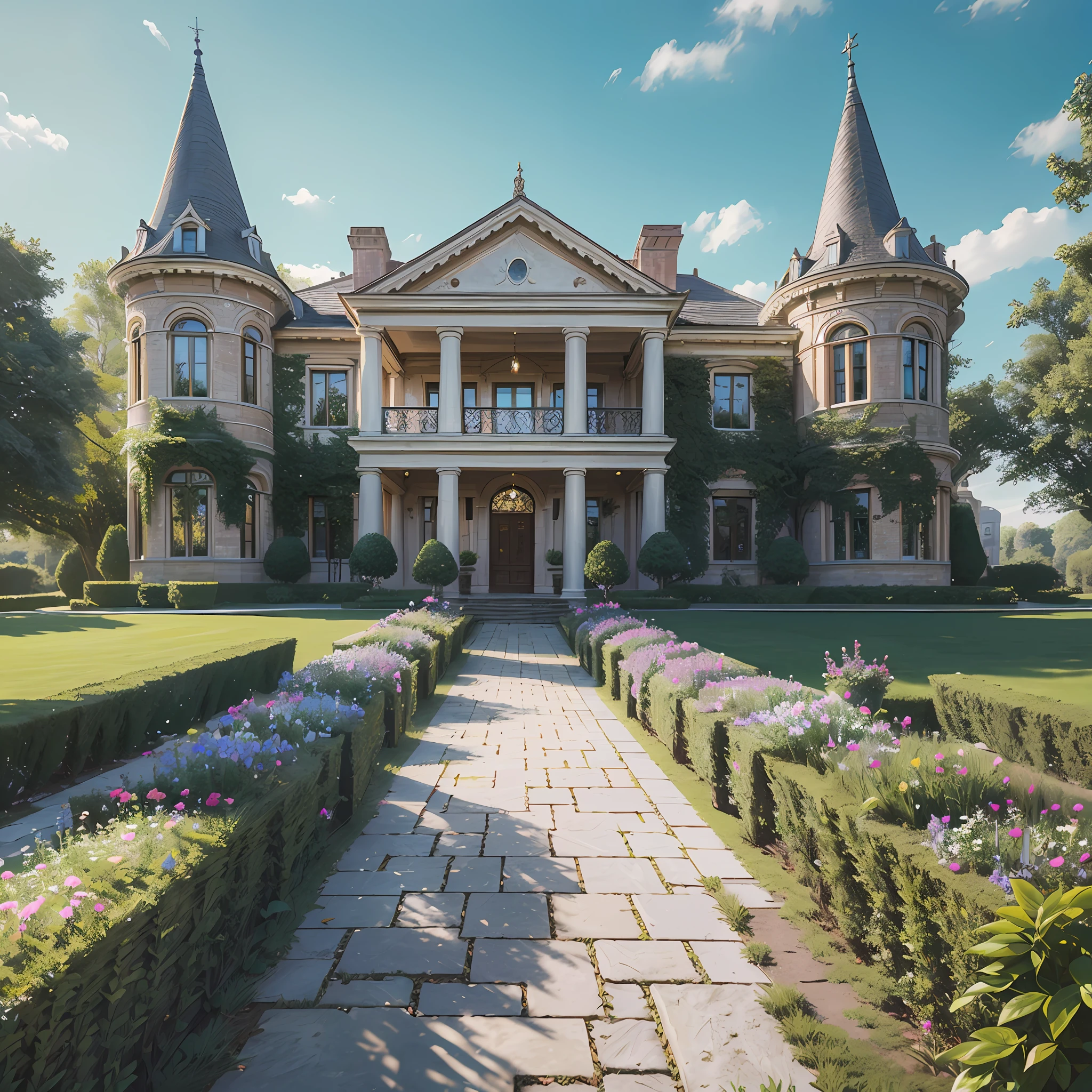 (Photo-realism), (Best quality, masterpiece, full of details), mansion with two towers, many trees, Colorful garden, flower pots, old mansion, white stone path, green grass, blue sky, sunshine, brown brick mansion, ultra HD