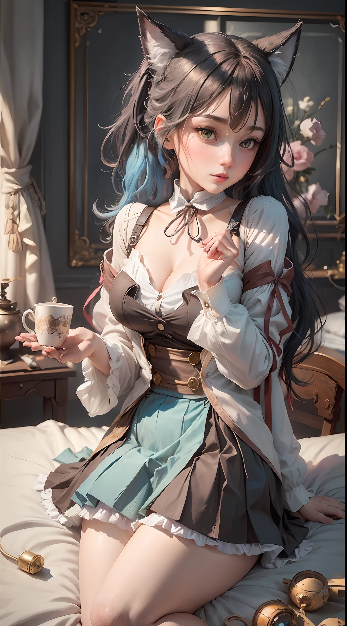 maid cafe, stockings, cat ears, (maid costume, raincoat:1.2), bed, sleeping, choker, bowtie, (pleated skirt:1.3), lora:shirtliftALORAFor_shirtliftv1:1.5, lora:breastinclassBetter_v141:.5 , extremely detailed eyes, extremely detailed face, cute, (photorealistic:1.3), sexy lips, seductive smile, double eyelids, eyelashes, pale skin, perky breasts, full body portrait, textured skin, 4K, RAW, best quality, sharp, hyper realistic, tall, (long slim legs:1.2), (thigh gap:1.2), blush, delicate and beautiful girl, 1girl, solo, (stunningly attractive:1.3), (dramatic:1.2),(masterpiece, best quality, ultra detailed, 8k, RAW photo:1.2), (Unreal Engine, photorealistic:1.1), (beautiful detailed face, a photography of a beautiful girl), (cowboy shot:1.2), (looking at the camera:1.1) BREAK (1girl), (full body:1.2), (beautiful hair), (extremely detailed CG unity 8k wallpaper of a girl with kawaii hairstyle and white marble glowing skin and perfect symmetrical pretty face:1.3), (blue hair:1.3), (sad:1.2), soft light, (over 12 years old, under 20 years old:1.2) BREAK ), gigantic breasts from azur_lane, (cleavage:1.2), (sexual pose:1.3) BREAK (on the bed:1.3), (see the persons:1.2),(shamming:1.3), (looking from behind:1.2), taken by Canon EOS, SIGMA Art Lens 35mm F1.4, ISO 200 Shutter Speed 2000