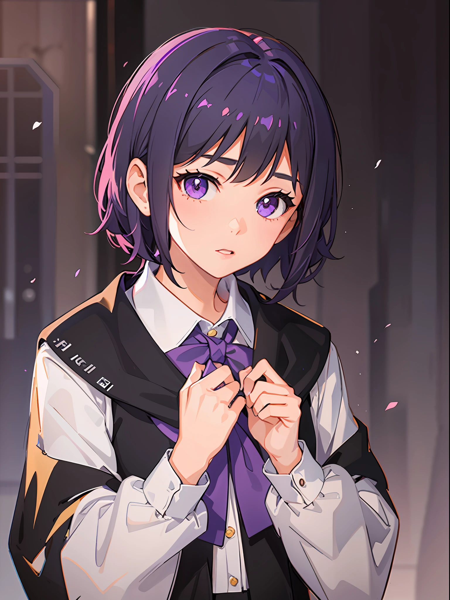 A young girl with short hair in a shawl, wearing a school uniform. She should be at school. Her eyes should be lilac and her hair black with lilac.