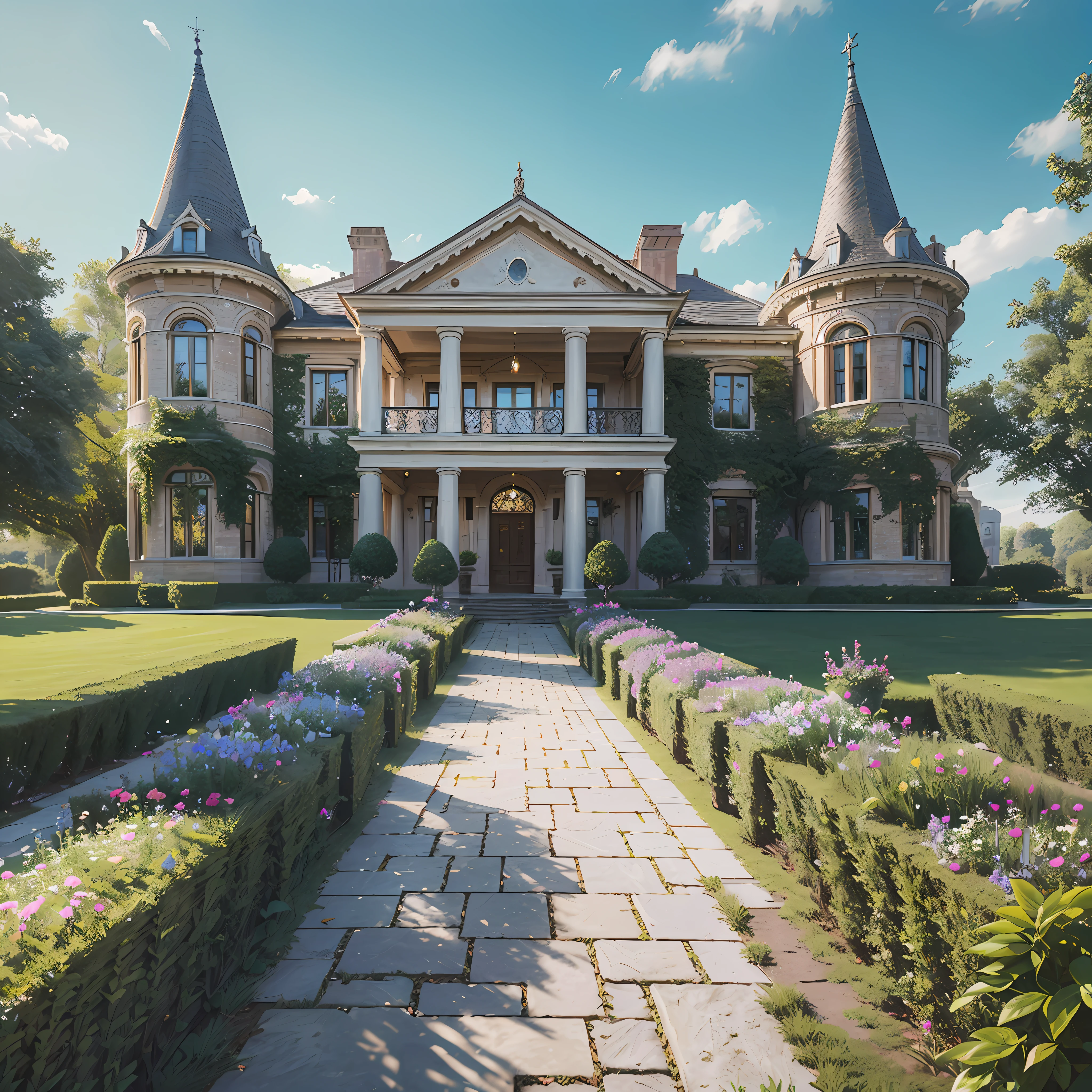 (Photo-realism), (Best quality, masterpiece, full of details), mansion with two towers, many trees, Colorful garden, flower pots, old mansion, white stone path, green grass, blue sky, sunshine, brown brick mansion, ultra HD