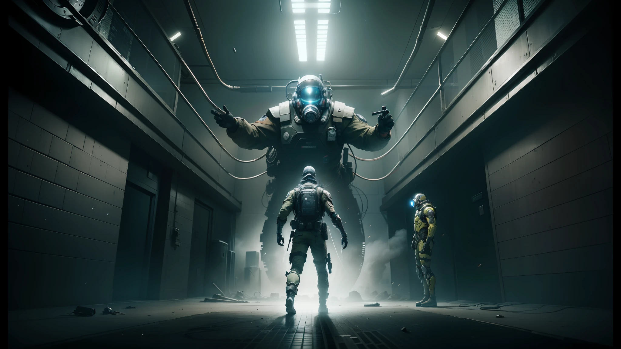 arafed man in a gas mask and a man in a gas mask are suspended in a dark room, promotional images, movie promotional image, eve online movie still, cgsociety 9, still from half-life movie, soma game art style, film still from half-life movie, promotional image, movie still of cyborg, still image from tv series --auto --s2