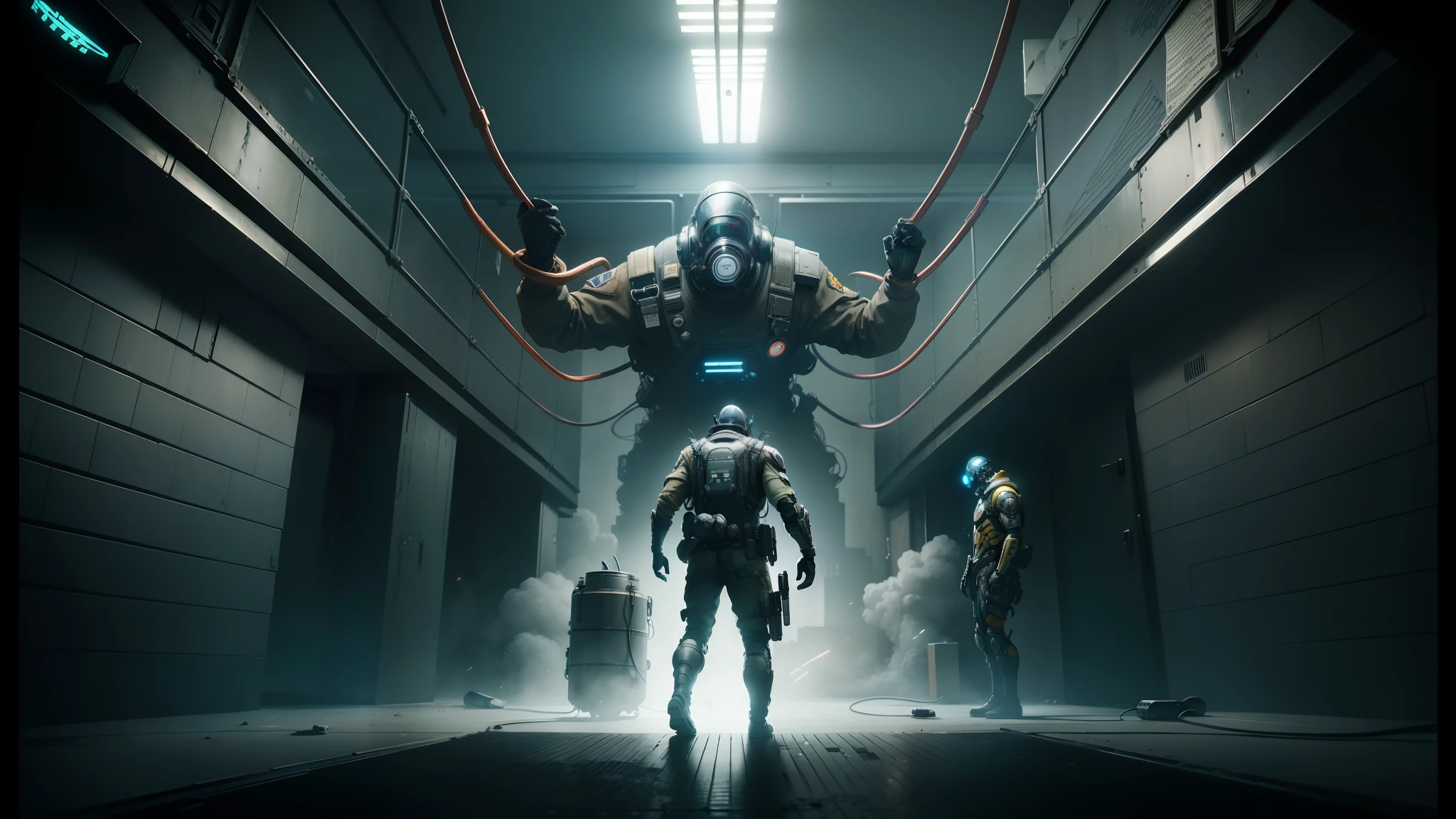 arafed man in a gas mask and a man in a gas mask are suspended in a dark room, promotional images, movie promotional image, eve online movie still, cgsociety 9, still from half-life movie, soma game art style, film still from half-life movie, promotional image, movie still of cyborg, still image from tv series --auto --s2