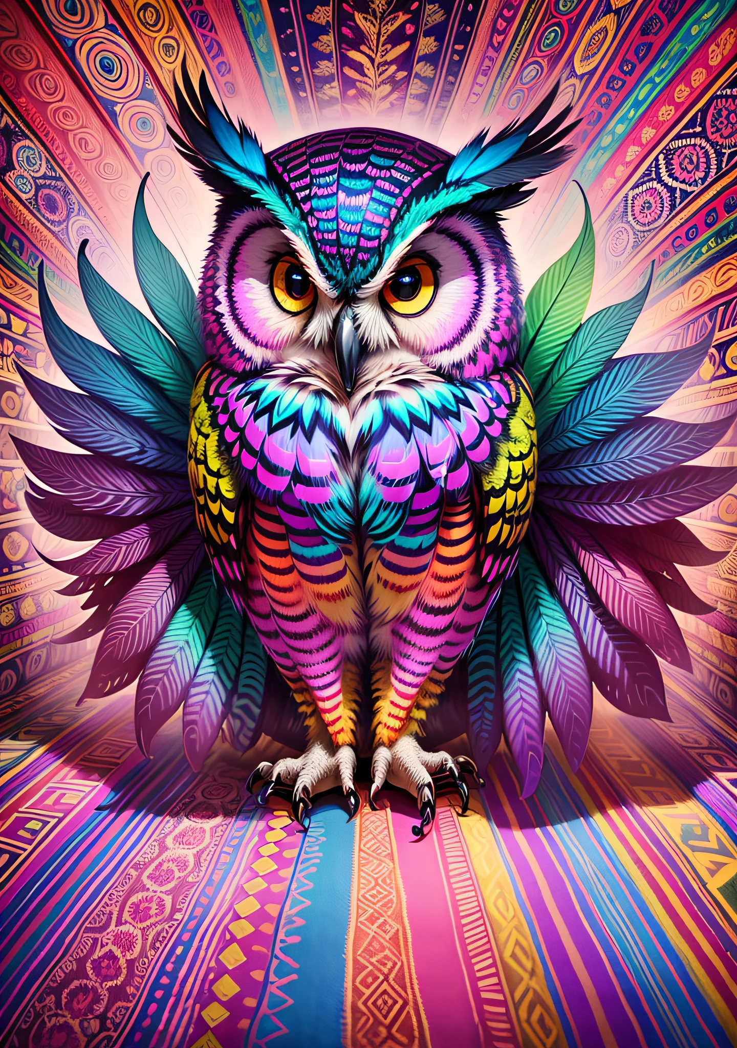 Featuring a captivating and vibrant psychedelic owl painting. The art of the owl is exquisitely designed with vivid colors, intricate patterns and mesmerizing details. The painting is leaning against the back of the room, creating a dynamic and casual display. The combination of the psychedelic art of the owl adds a touch of artistic fascination to any space. --auto --s2