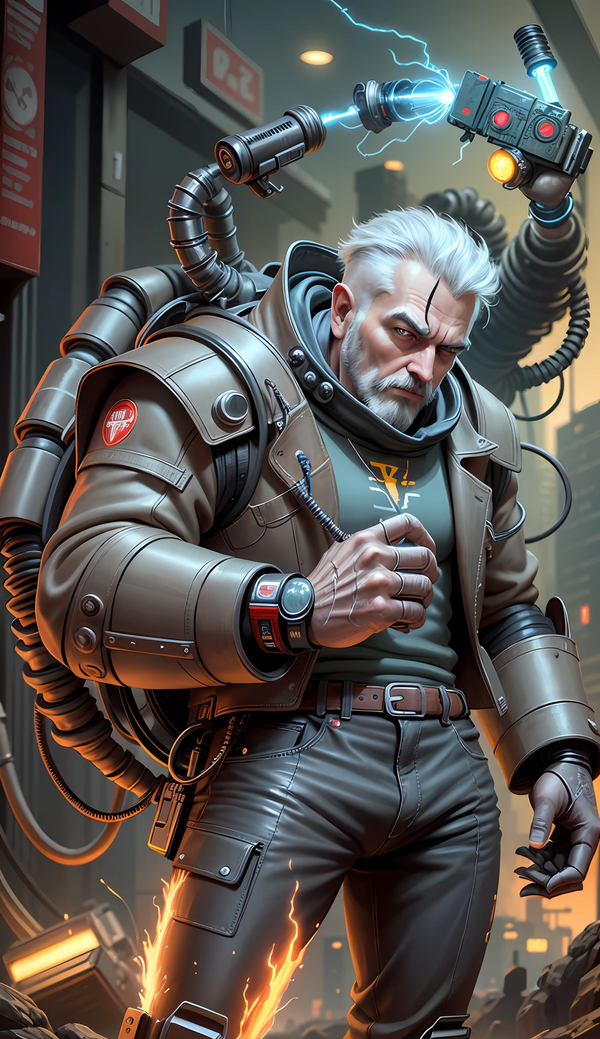 Masterpiece, best quality), intricate details, lightning crank, robot, cyborg, retro-futuristic AI, Tesla coil, electrical, cable, wiring, piston, mechanic, computer, drawing of a robot with a gun in his hand, giant humanoid mech, cyberpunk, sci-fi background