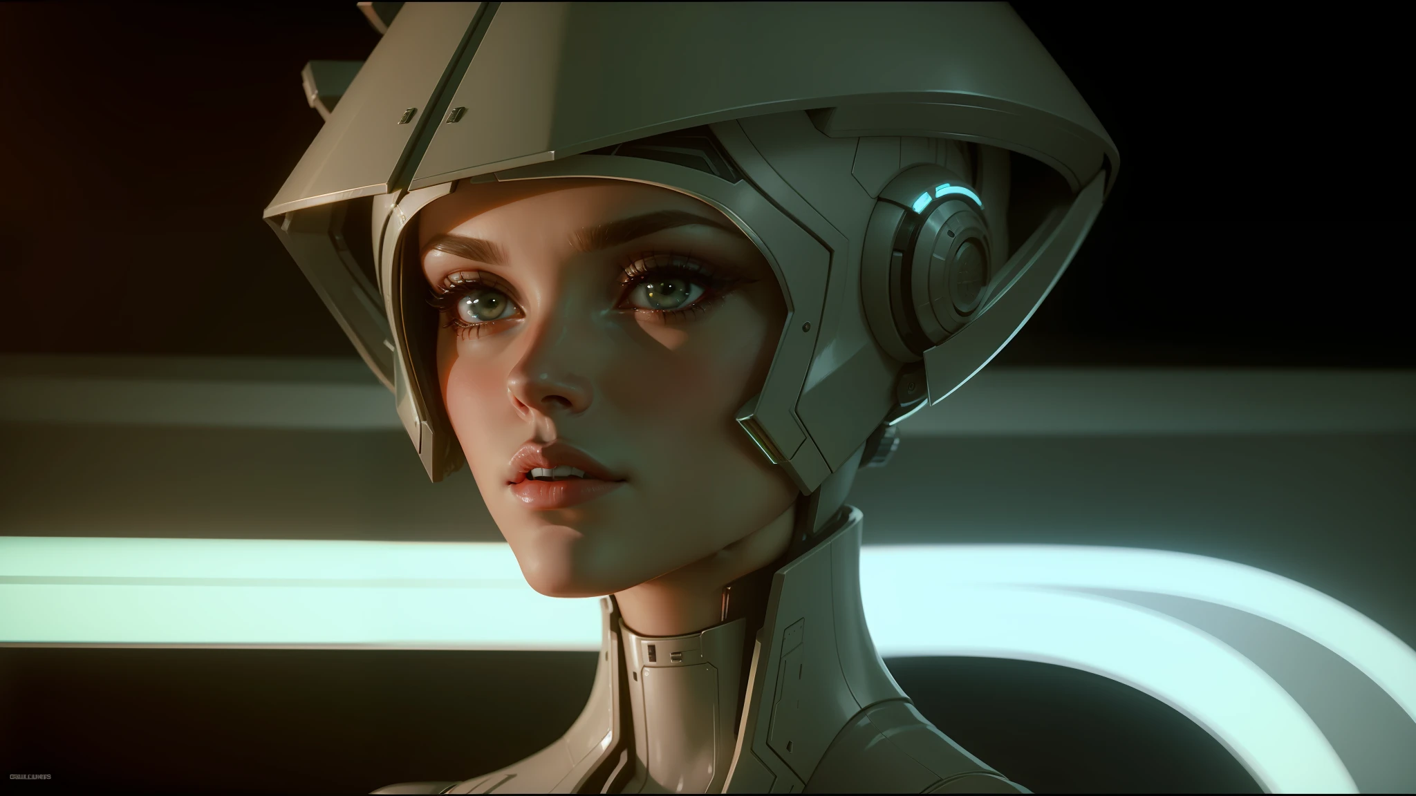 a close up of a woman wearing a futuristic helmet and red lipstick, cyberpunk jackie welles, cgsociety 9, style = retro-futurism, beautiful android woman, portrait of a female android, retro futuristic fashion, still from the movie bladerunner, female cyborg in data center, moebius aesthetic, movie still of a alien cyborg, depicted as a scifi scene --auto --s2