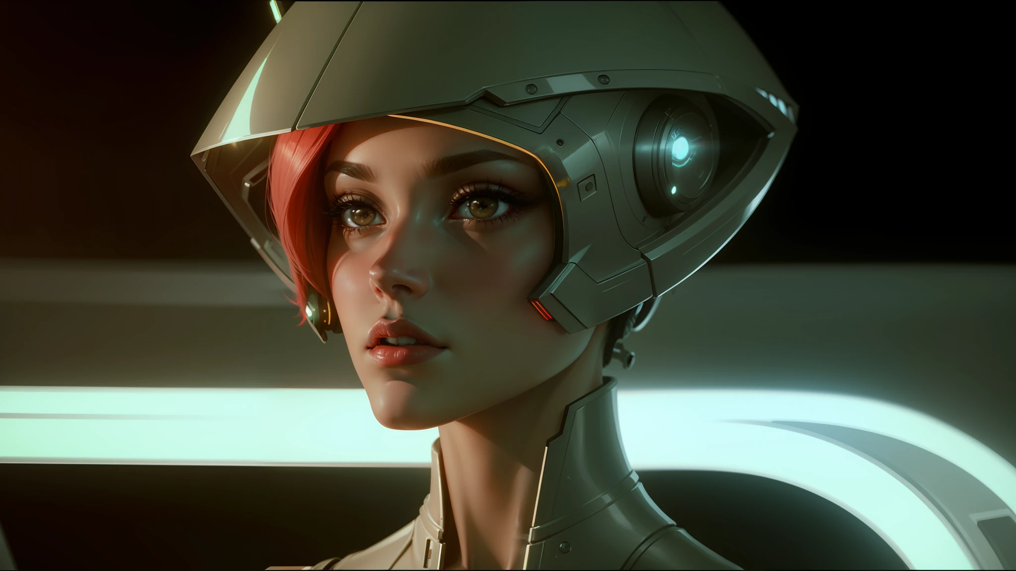 a close up of a woman wearing a futuristic helmet and red lipstick, cyberpunk jackie welles, cgsociety 9, style = retro-futurism, beautiful android woman, portrait of a female android, retro futuristic fashion, still from the movie bladerunner, female cyborg in data center, moebius aesthetic, movie still of a alien cyborg, depicted as a scifi scene --auto --s2