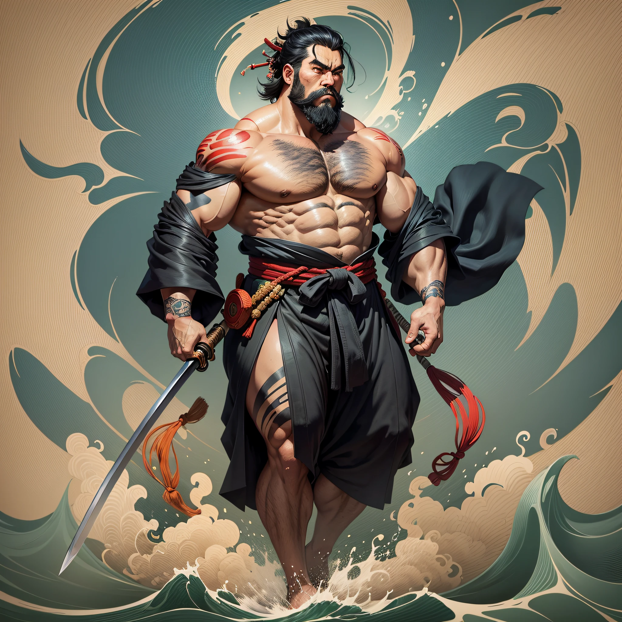 It is a full-body painting with natural colors with line drawings in the style of ukiyo-e. A Japan samurai with a large body like a strongman. He has a rough face, short black hair, and a short, trimmed beard. He wears a black kimono. The hakama should be waist-length and should be drawn in a flowing shape that flutters in the wind. Japan holding a sword in his right hand. Standing in the rough waters of the highest quality, masterpiece high resolution ukiyo-e style. --auto --s2