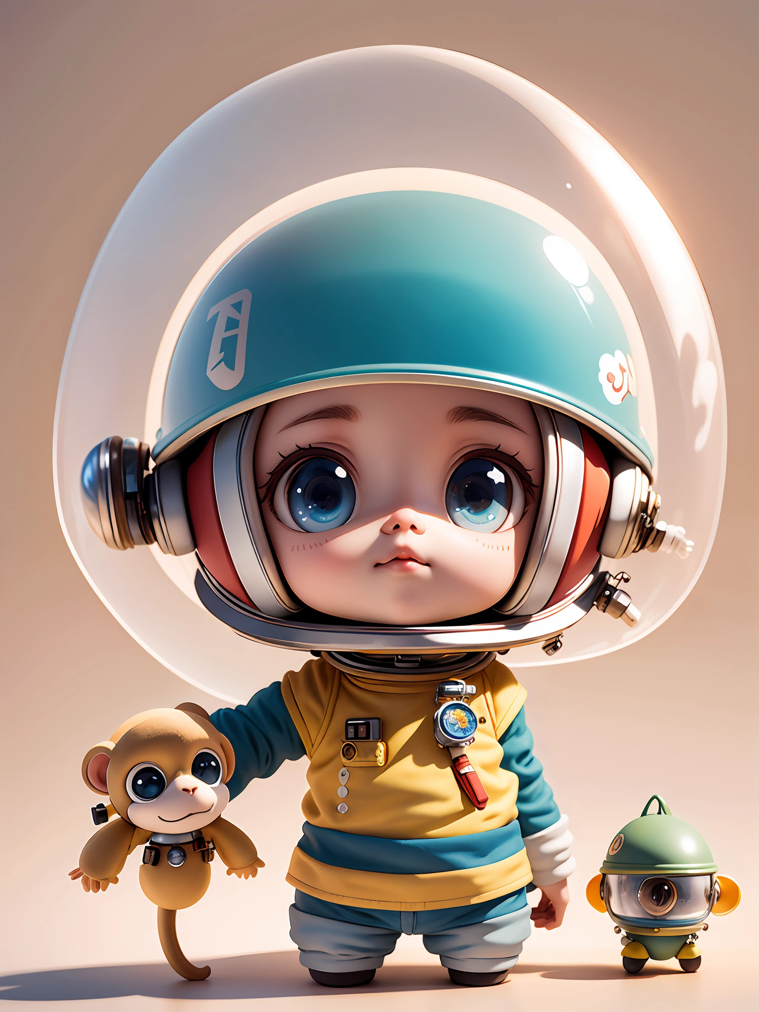 There is a little monkey with helmet and helmet, cute 3d rendering, little astronaut looking up, portrait anime space cadet boy, cute 3d anime boy rendering, cute detailed digital art, male explorer mini cute boy, stylized 3d rendering, 3d rendered 8k character art, cute digital painting, 3d anime style, super detailed rendering