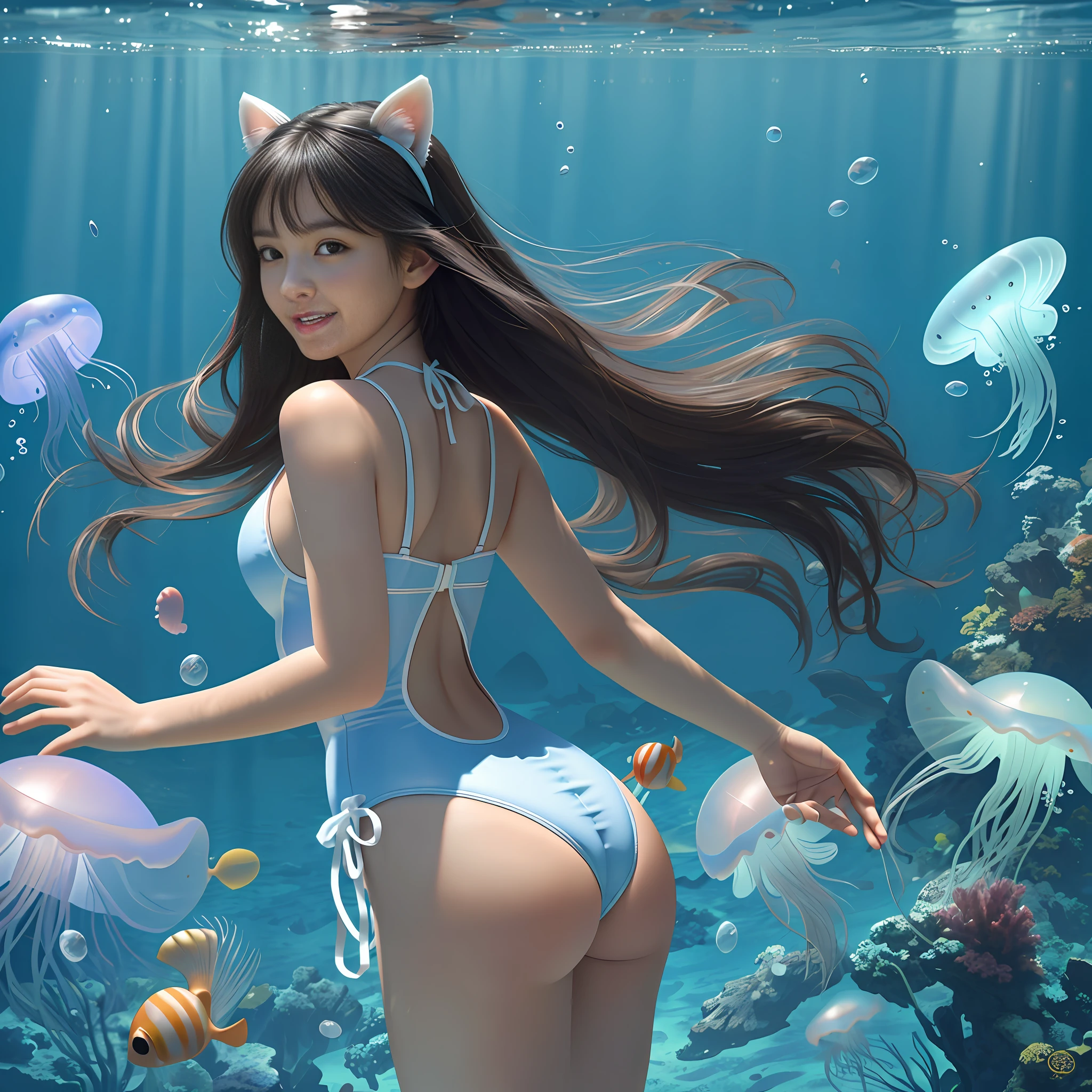 (Best Quality, Masterpiece: 1.4), (Realism: 1.2), (Absurdity: 1.2), 4K, Detailed, Ultra Detailed, Detailed Face, (Ultra Detailed Eyes: 1.2), Underwater, Beauty, One-piece Swimsuit, Naked Back, Smile, High Split End, Long White Legs, Looking Back at the Screen, Hair Floating, Long Black Hair, Cat Ears, A Large Bunch of Colored Jellyfish