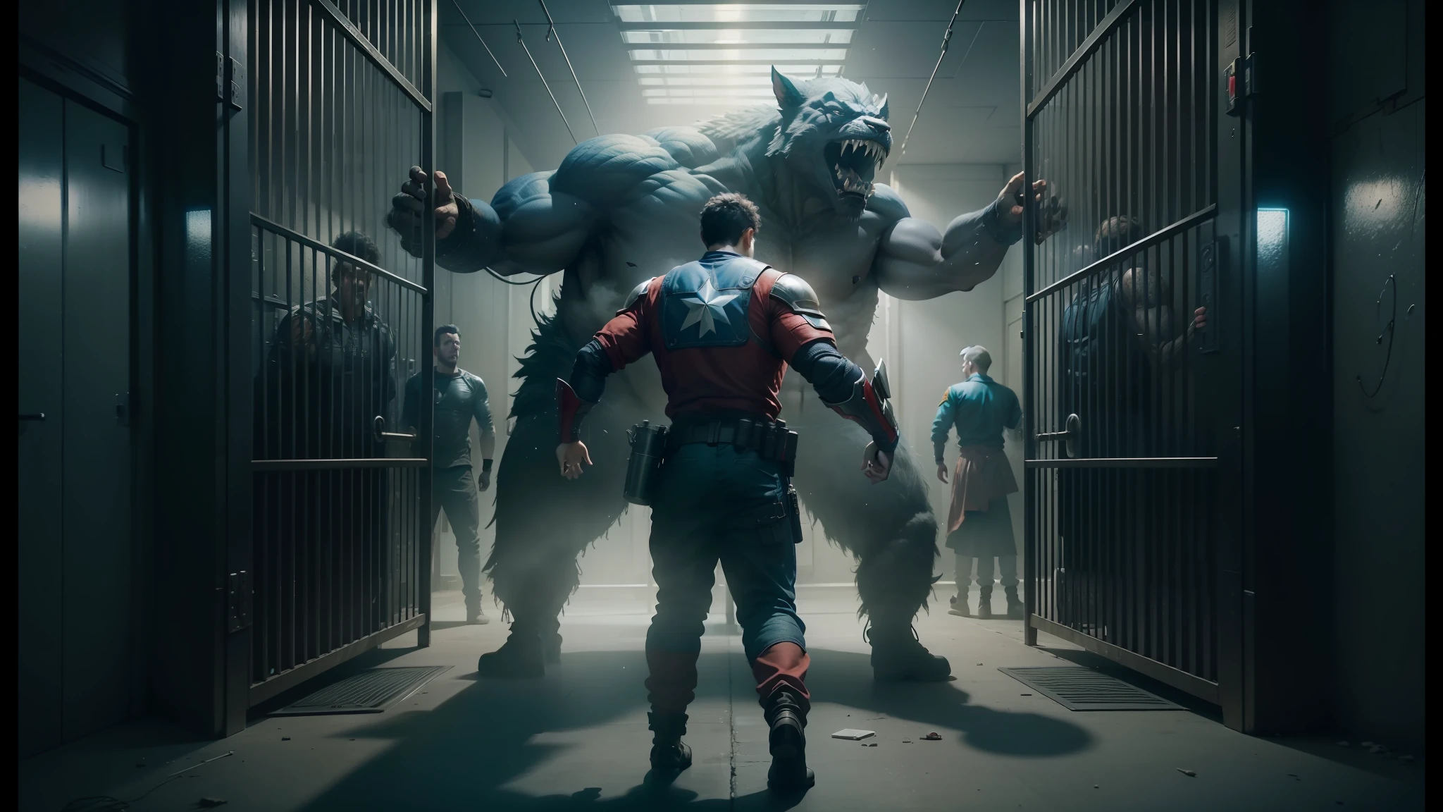 arafed image of a group of people in a jail cell, still from a music video, movie promotional image, cgsociety 9, movie screenshot, still from marvel movie, still frame from a movie, bigstudiovfx, promotional images, screenshot from a movie, cinematic cgsociety, cinematic movie image, still from a movie, promotional image, cinematic still frame --auto --s2