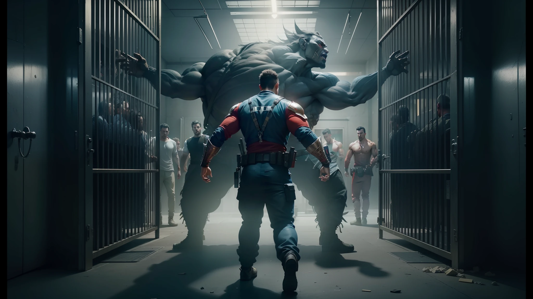 arafed image of a group of people in a jail cell, still from a music video, movie promotional image, cgsociety 9, movie screenshot, still from marvel movie, still frame from a movie, bigstudiovfx, promotional images, screenshot from a movie, cinematic cgsociety, cinematic movie image, still from a movie, promotional image, cinematic still frame --auto --s2