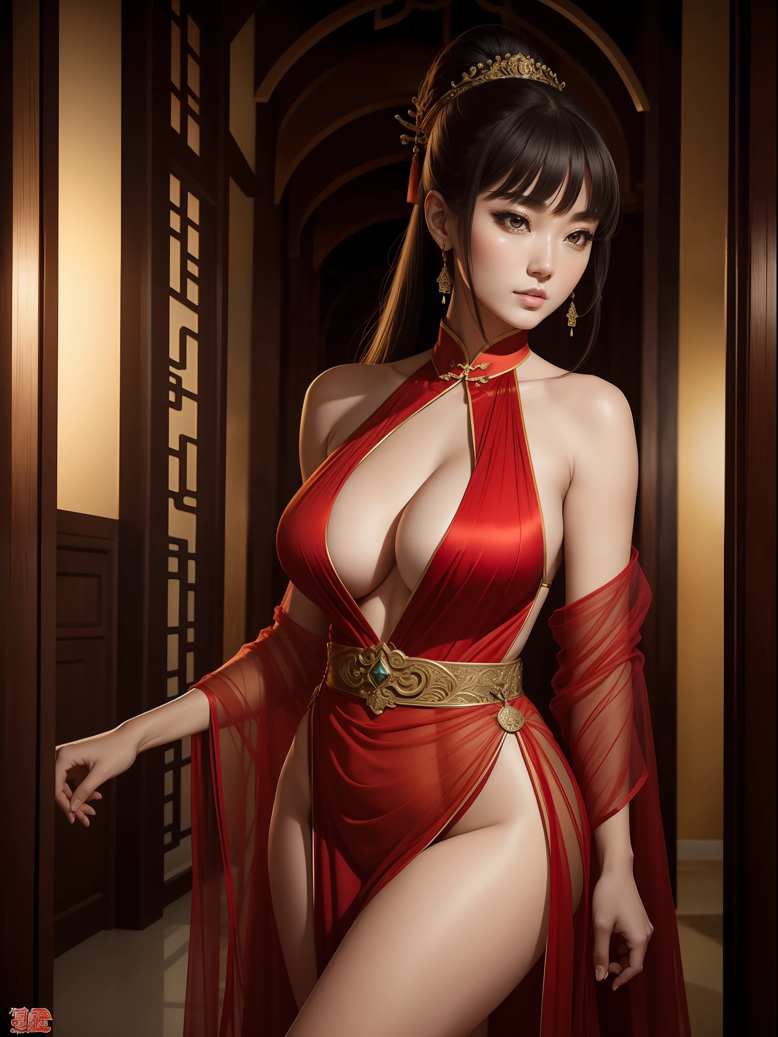 best quality, masterpiece, absurdres, low angle shot, Chinese fantasy, ancient Chinese mythology, 1girl, solo, eye candy, perfect female anatomy, super beautiful, elegant, sexy, detailed beautiful face, smooth skin, nice figure, nice proportions, sexy stunning body, detailed eyes, fine details, big boobs, cleavage, seductive, bare shoulders, long ponytail, bangs, sensual, attractive, wearing a luxurious sheer halter neck vibrant color party dress, deep plunging, translucent robes, jewelry, reflections, ultra fine details, indoors, grand hall, luxurious, expensive, royalty, queen, cinematic, goddess