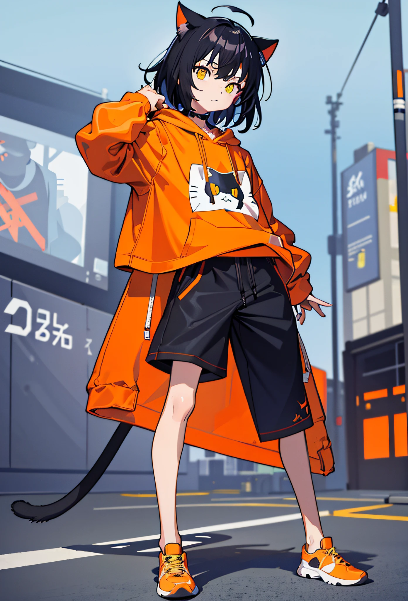 masterpiece, flat background, no background, full body, standing, cat-eared girl one, solo, cute, oversized orange hoodie, t-shirt, seven-quarter length pants, 50mm portrait, delicate features, semi-realistic, sharp focus, super detail, absurdity, depth of field, neon