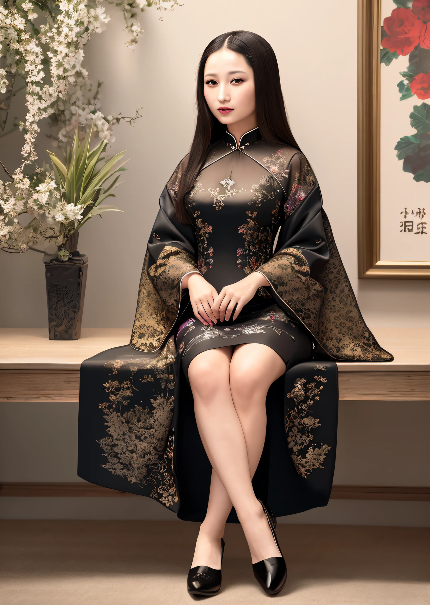 Mona Lisa Dressed in Chinese Cheongsam,, Gentle Expression, Full Body Portrait, Shoes, Catwalk, Masterpiece, Highest Quality, High Quality, Highly Detailed CG Unit 8k Wallpaper, Award Winning Photo, Bokeh, Depth of Field, HDR, Flood, Chromatic Aberration, Realistic, Very Detailed, Art Station Trend, CGsociety Trend, Complex, High Detail, Dramatic, Midway Art, Volumetric Lighting