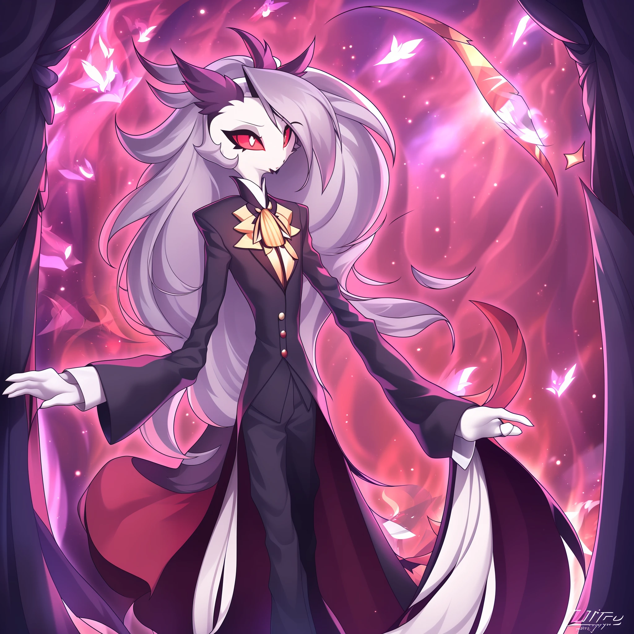 by zinfyu, detailed background, \(helluva boss\), owl demon, light body, red sclera, red eyes, tail feathers, goetia, male, solo1, absurd ress, suit, golden details, cape, fur cover, formal wear, formal wear, standing, long hair