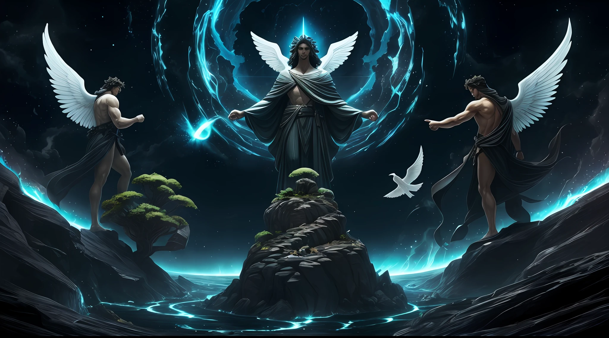 create image of three greek gods , Gia the earth , tartarus and Eros in a single picture with pitch black behind them . these three gods luminate kight behind them. Gia the earth is in the form of woman made of earth materials like rocks , flowers , waterfall , and trees. Tartarus is in the form of lava realm. Eros is in the form of young man with multiple white wings. --auto --s2