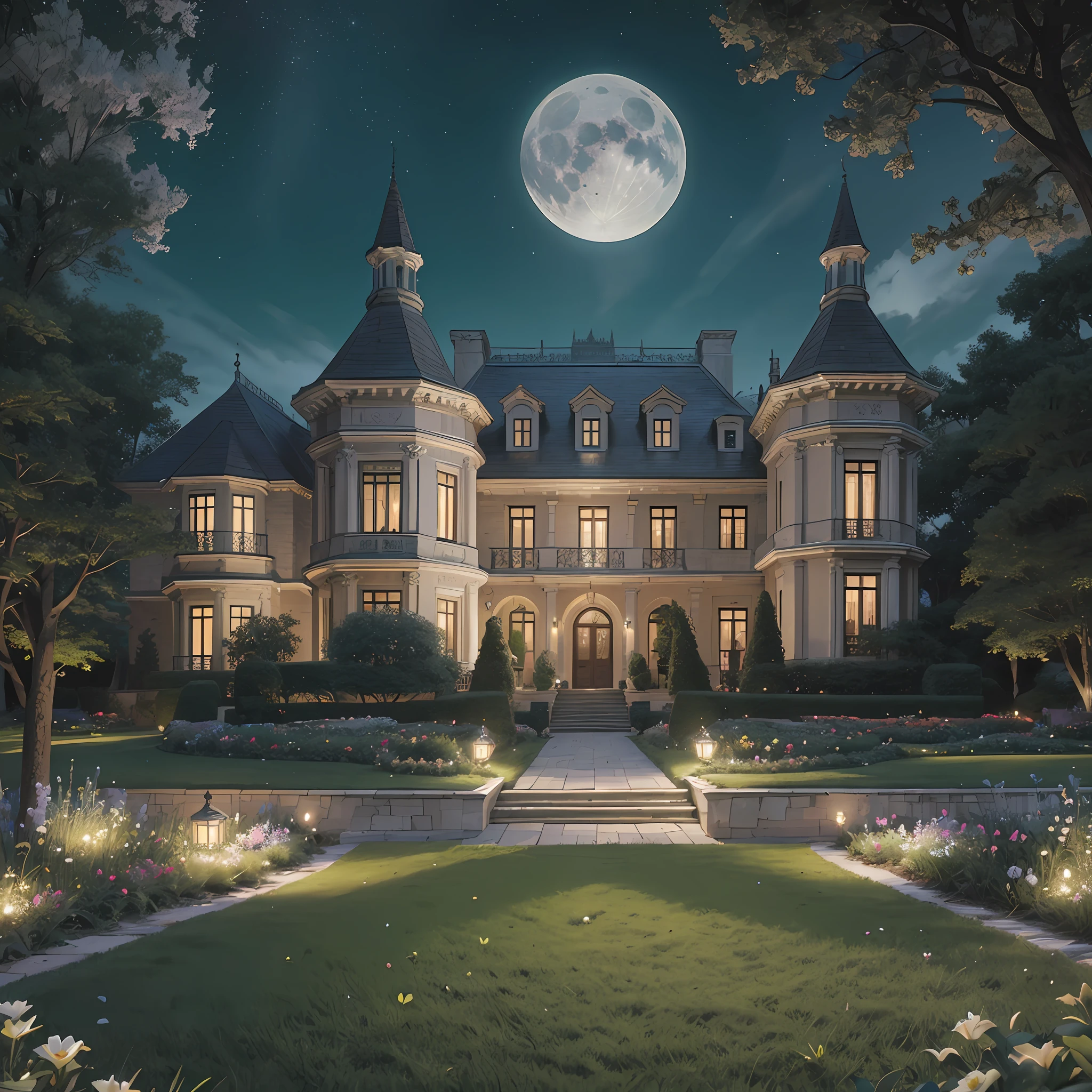 (Photo-realism), (Best quality, masterpiece, full of details), mansion with two towers, many trees, Colorful garden, flower pots, old mansion, white stone path, green grass, dark night, stars, moonlight, brown brick mansion, ultra HD