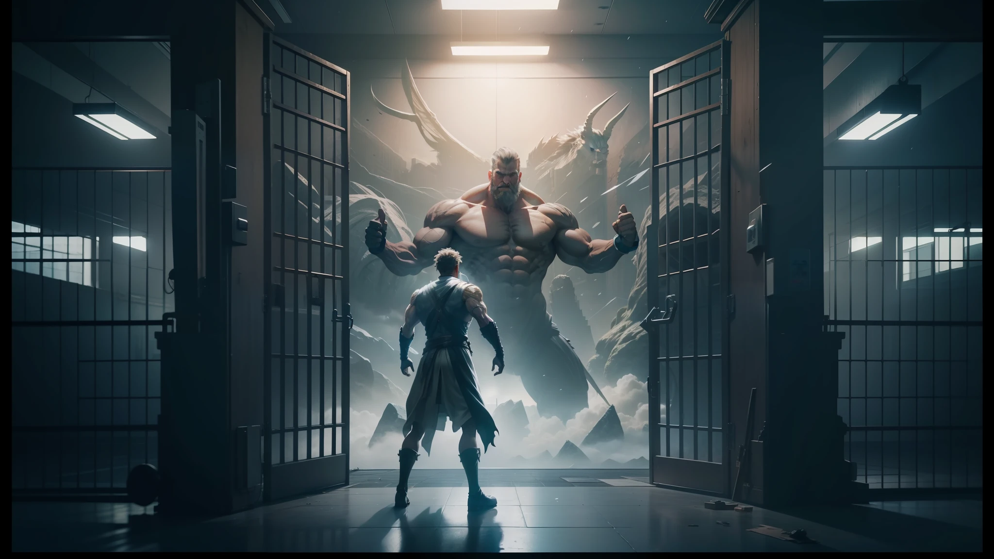 a man standing in a jail cell with a giant monster behind him, epic scene of zeus, still from a movie, still frame from a movie, cinematic cgsociety, cinematic keyframe, screenshot from a movie, in a movie still cinematic, cgsociety 9, houdini vfx, still from a music video, still from marvel movie, anime movie screenshot --auto --s2