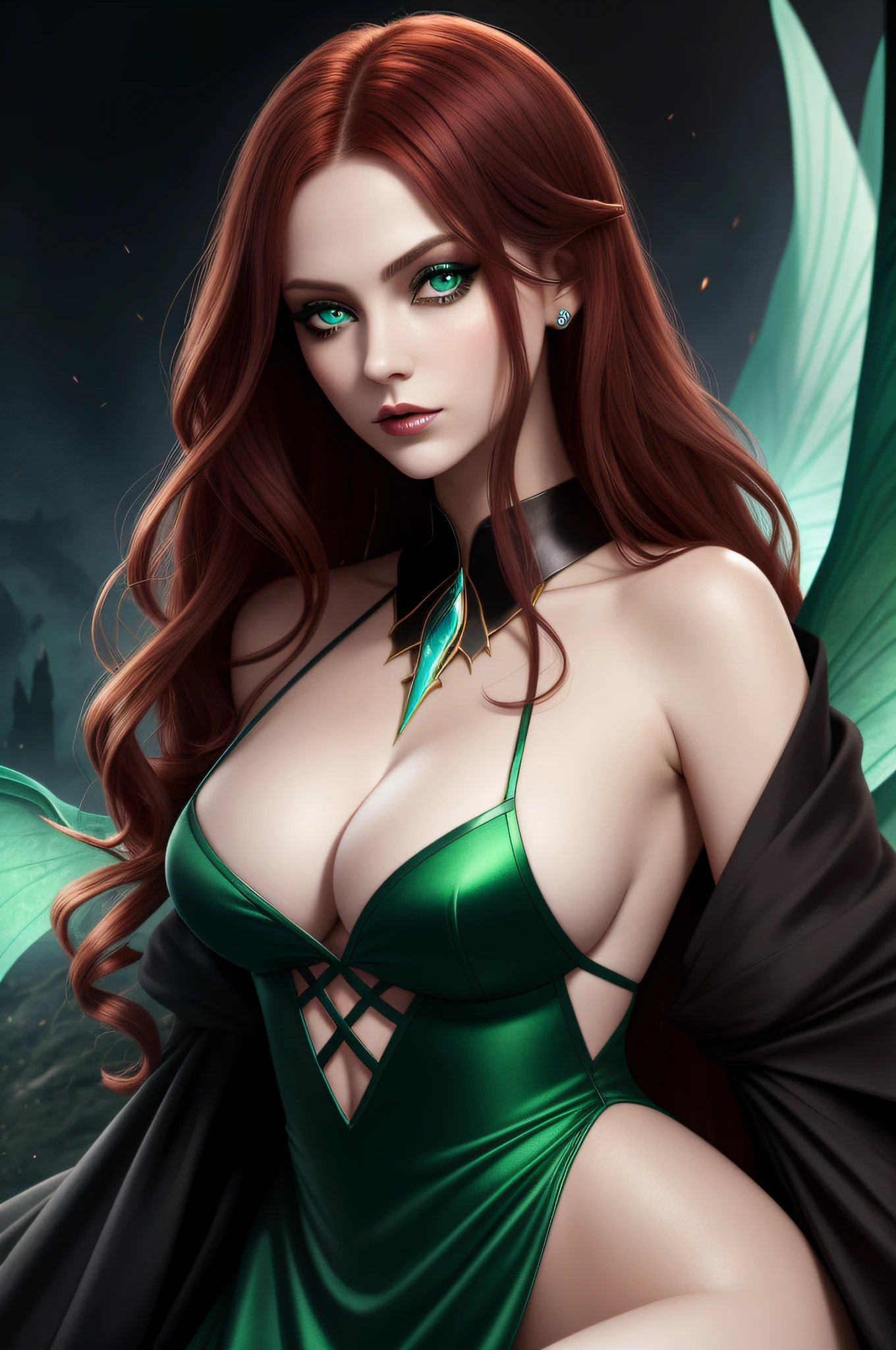 a  portrait of a sylphlike [siren|enchantress]  , dark , wearing a flag dress, lascivious, perfect face, pretty face, green eyes, dark red hair, absurdly long hair, large breasts, lush detail, absurdres,
