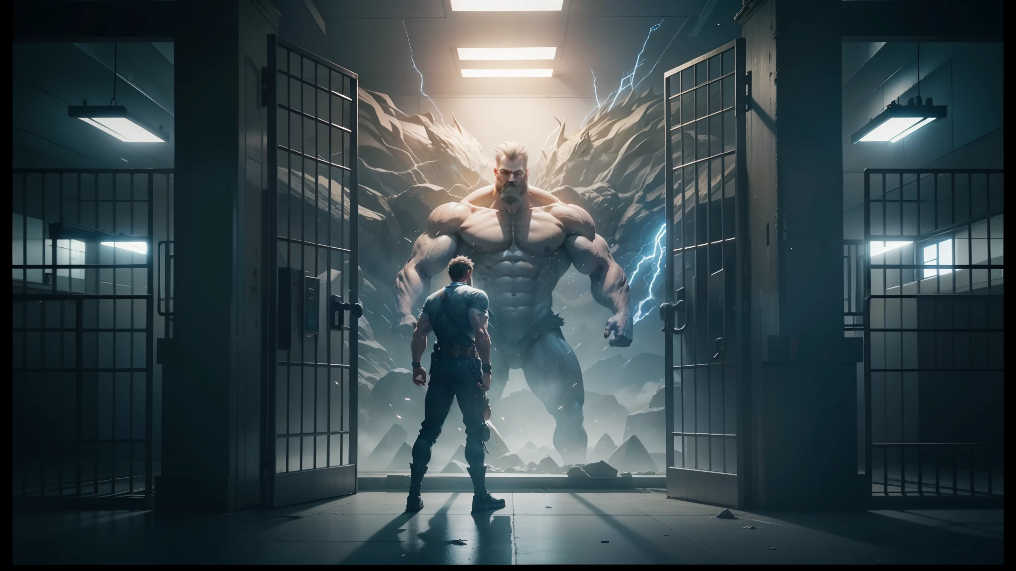 a man standing in a jail cell with a giant monster behind him, epic scene of zeus, still from a movie, still frame from a movie, cinematic cgsociety, cinematic keyframe, screenshot from a movie, in a movie still cinematic, cgsociety 9, houdini vfx, still from a music video, still from marvel movie, anime movie screenshot --auto --s2