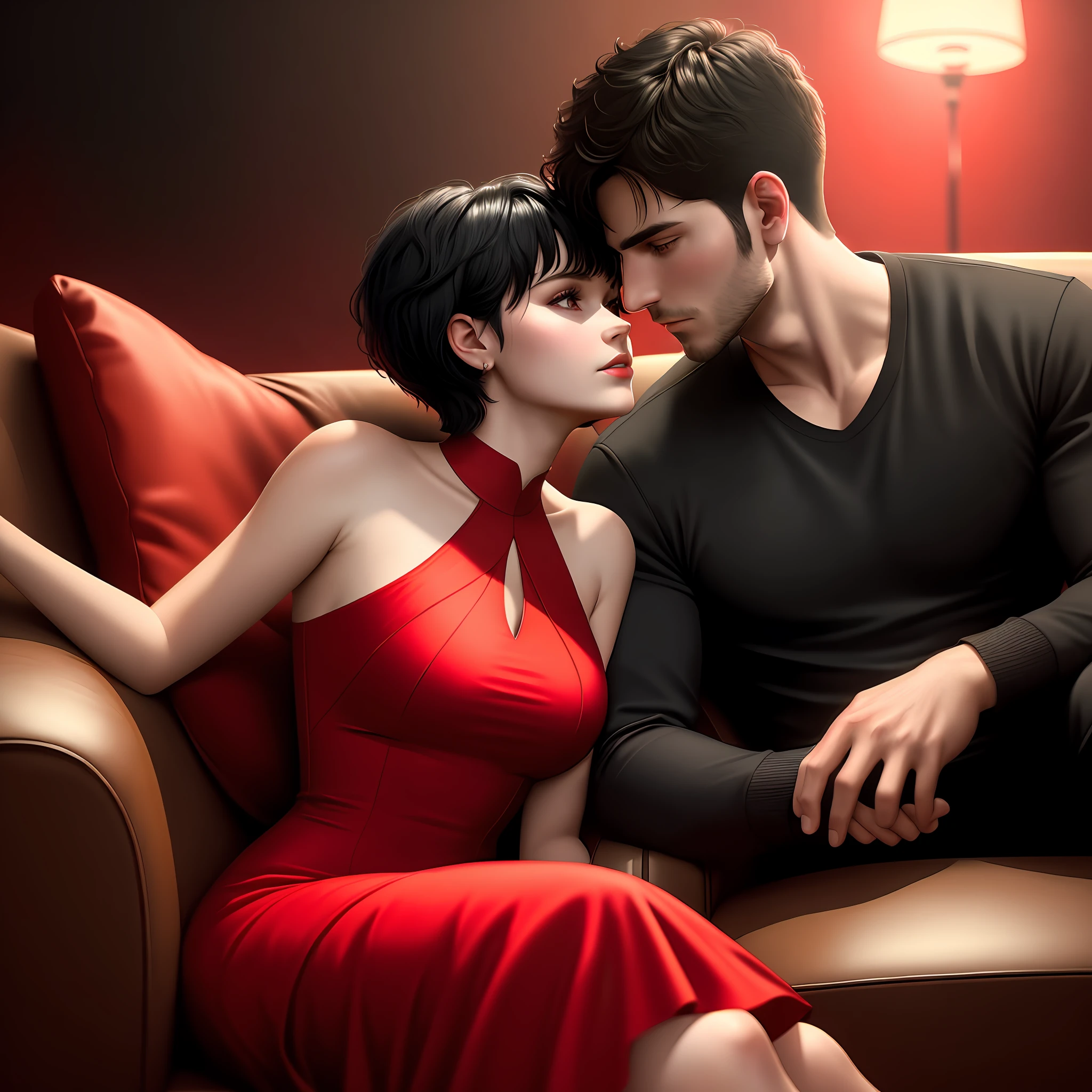 There are two people sitting on the couch of a club kissing, half-body photo style, gorgeous man, gorgeous woman in red dress, short hair, black hair, atmospheric lighting, 4k UHD, hyper detailed, vibrant colors, sharp focus, romantic masterpiece, shot from film