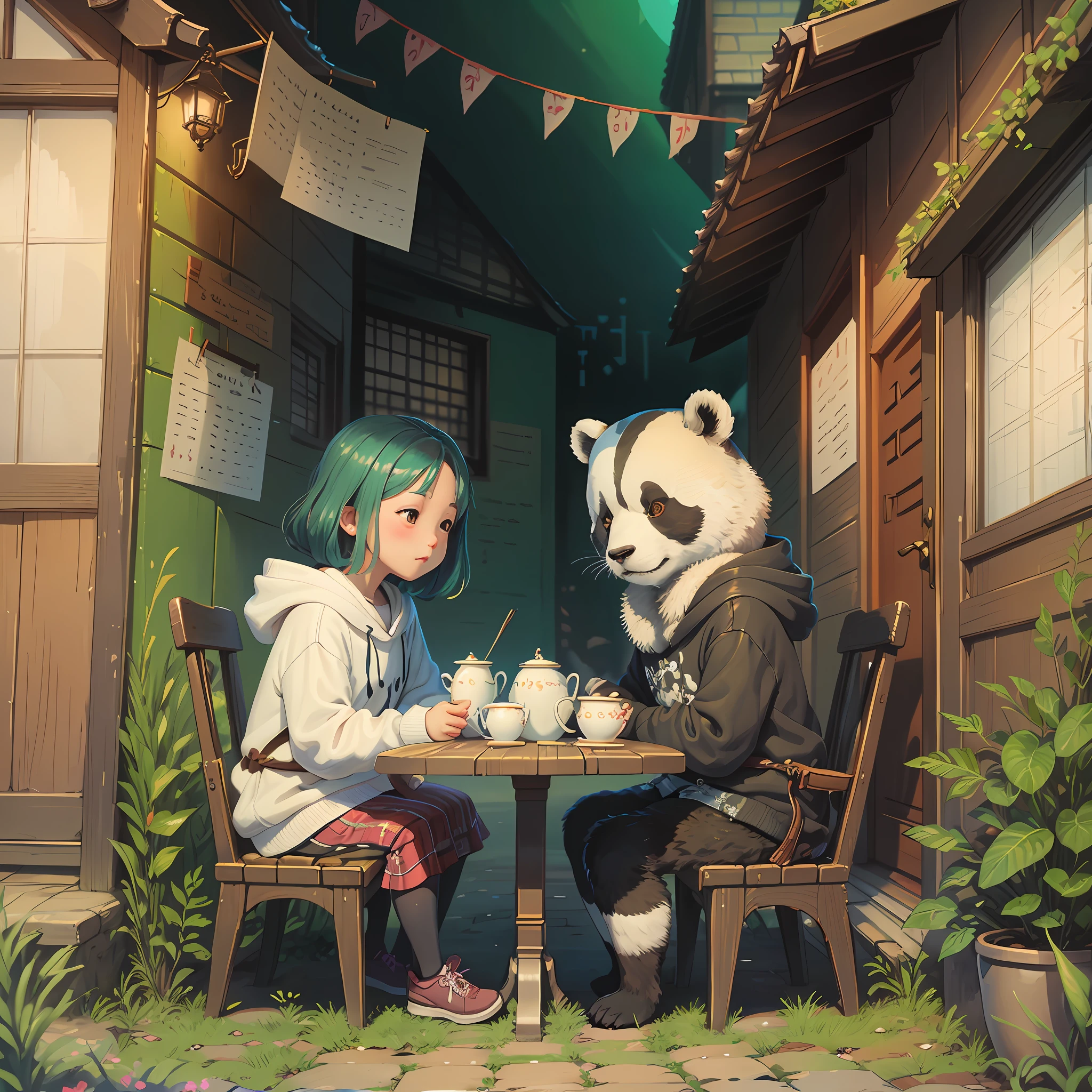 Two pandas wearing sweatshirt and drinking tea, sitting outside a small house, a storybook illustration by Yeong-Hao Han, pixiv, concept art, children's art in artstation, guweiz-style art, lovely digital painting, a beautiful art illustration, guweiz in artstation pixiv, guweiz in pixiv artstation, cute detailed digital art