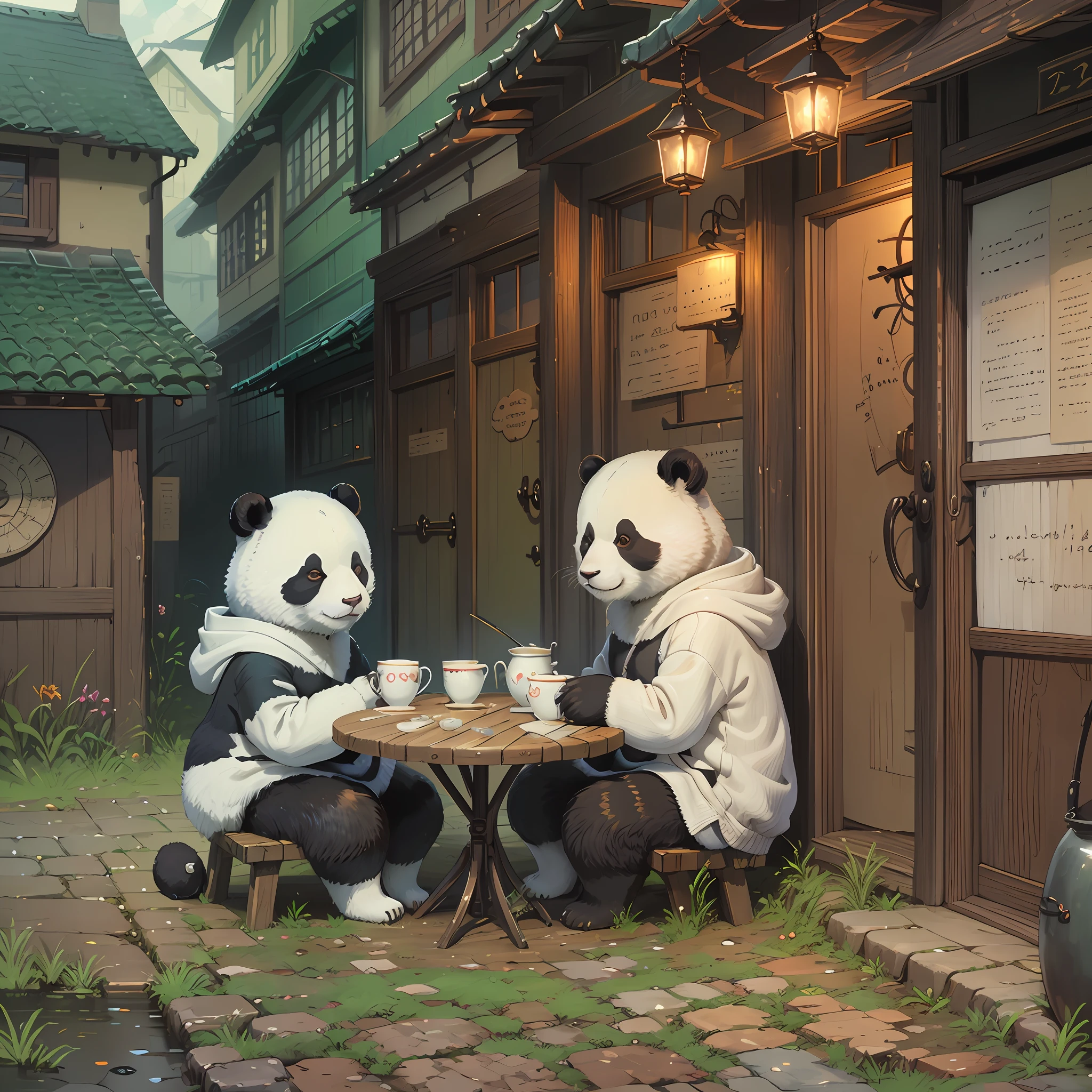 Two pandas wearing sweatshirt and drinking tea, sitting outside a small house, a storybook illustration by Yeong-Hao Han, pixiv, concept art, children's art in artstation, guweiz-style art, lovely digital painting, a beautiful art illustration, guweiz in artstation pixiv, guweiz in pixiv artstation, cute detailed digital art
