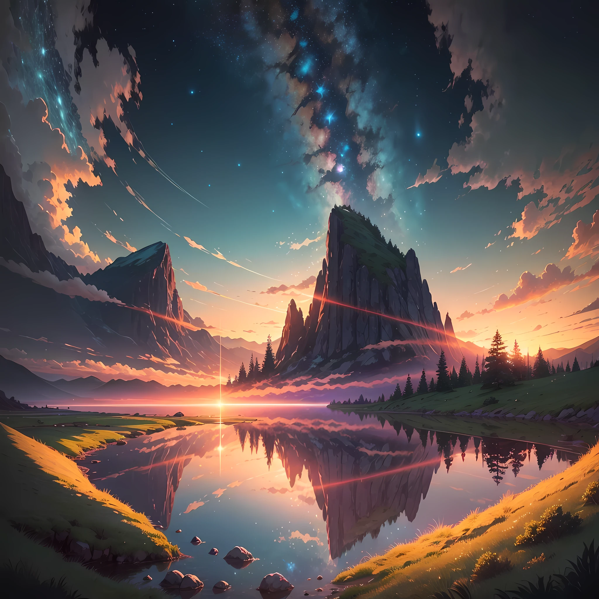 Masterpiece, magical sunset scenery in the green round mountains, mirrored sea, dark starry sky, wild landscape, dramatic lighting, makoto shinkai style --auto --s2
