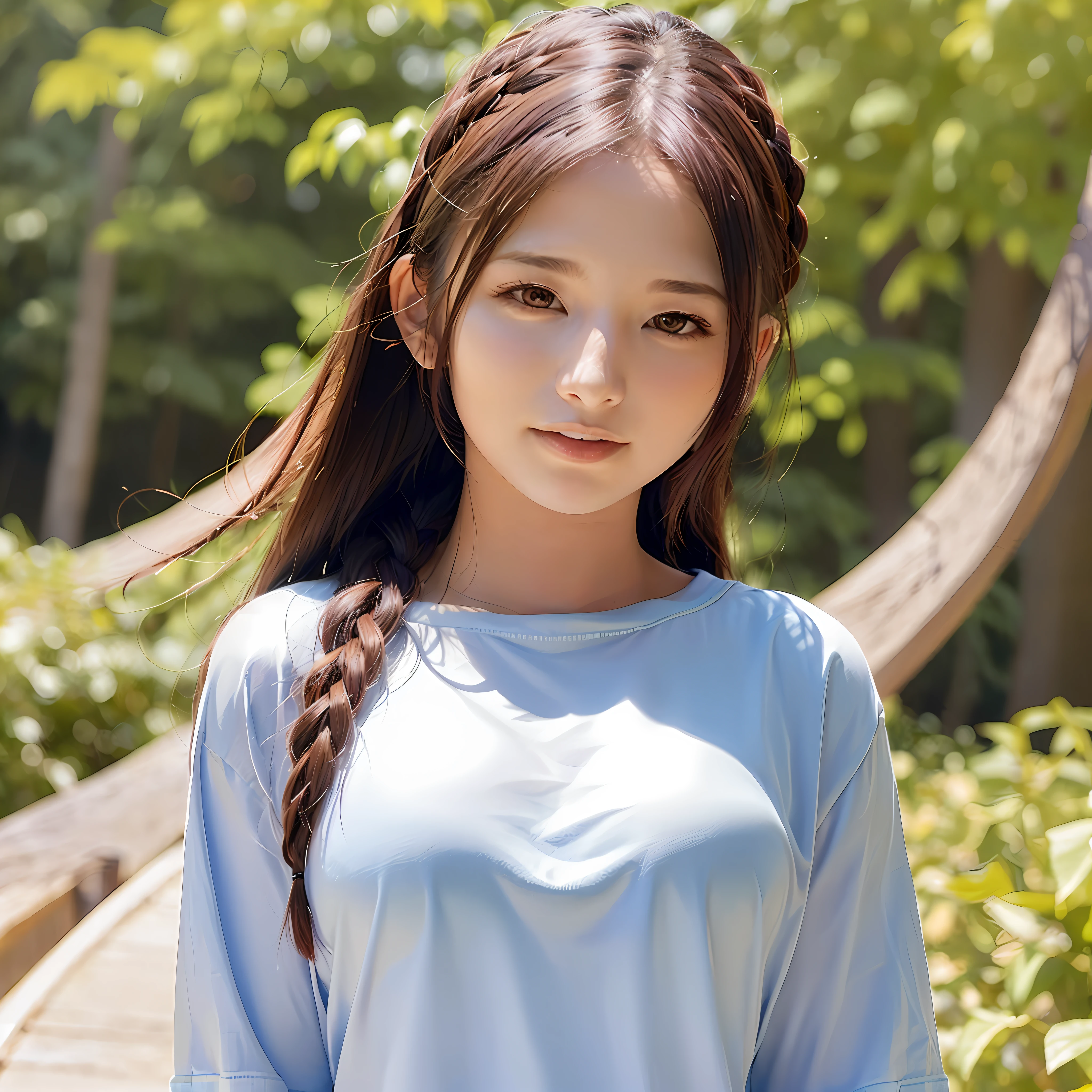 8K, Best Quality, 1girl, (skindentation), Morning, (bright), Blurred background, Outdoors, (Street:0.6), (People), Crowd, Braided bangs, Gorgeous,, (Clothing, Long T-shirt:1.3),Soft lighting, Attractive, Wind, Garden, Sunlight, White light, (Closed mouth:1.2, Beautiful eyes, Detailed eyes, Detailed iris, Beautiful lips, Beautiful nose, Beautiful face),