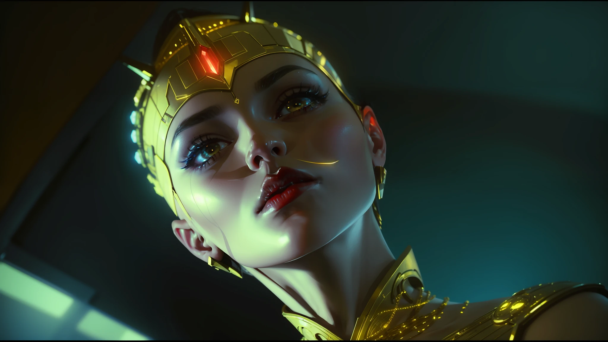 araffe woman with gold headdress and red lips in a dark room, futuristic woman portrait, frame from prometheus movie, still from the movie bladerunner, cyberpunk robotic elvish queen, portrait of a sci - fi woman, cyborg goddess in cosmos, movie still of a alien cyborg, beautiful female neuromancer, beauty blade runner woman --auto --s2
